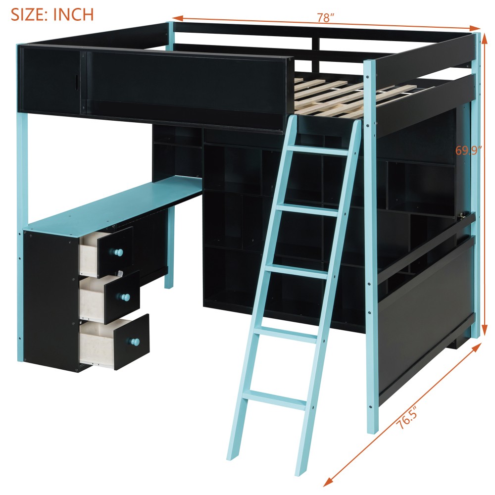 Full Size Wood Loft Bed with Desk, Ample Storage Space and Light Blue Bed Frame