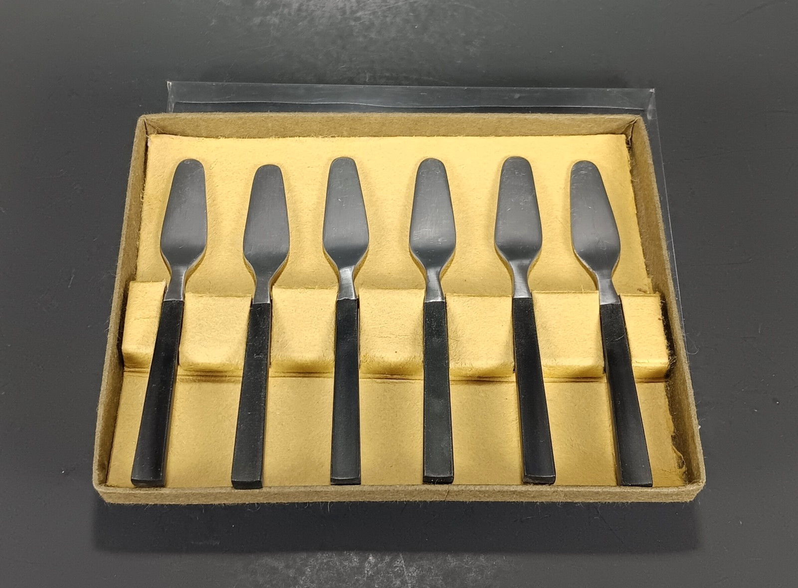 VTG Cheese Spreader Knives 6 Steel w/Black Wood Handles MCM Modern Japan