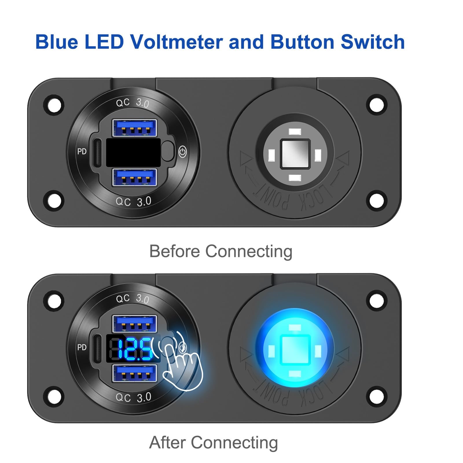 12V USB Outlet Marine Switch Panel Plug, PD3.0 and Dual QC3.0 Charger+Socket