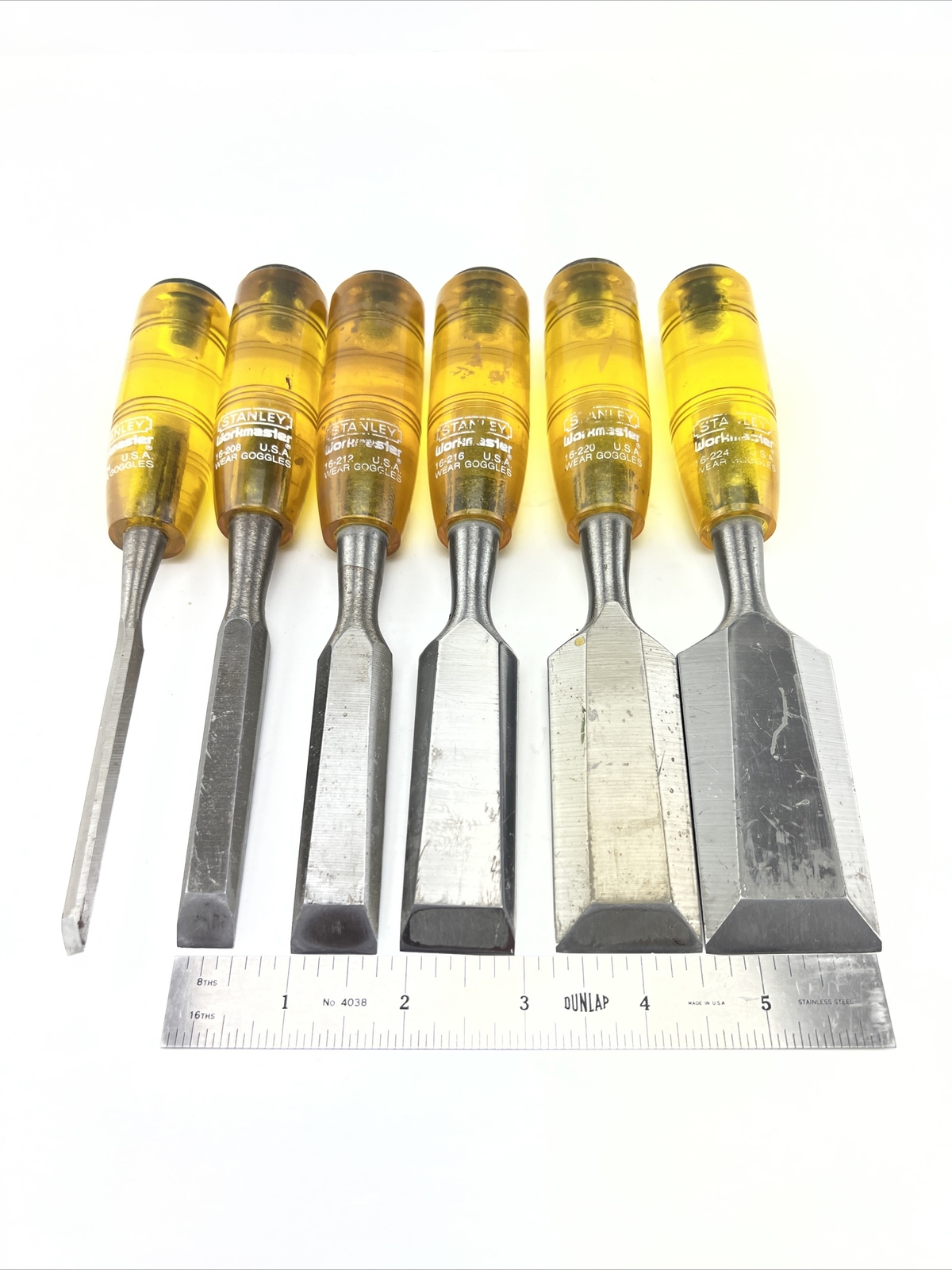 Vintage Stanley Workmaster 6 pc Bevel Edge Paring Chisel Set Made In USA.