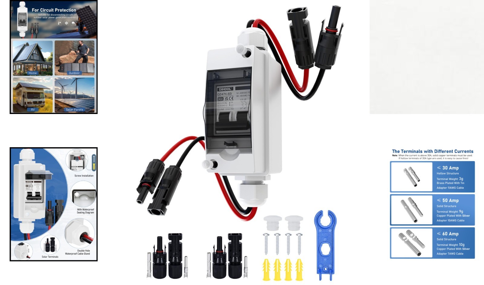 Non-Polarized 2-Pole Circuit Breaker for Solar Systems - 12V-400V Compatibility