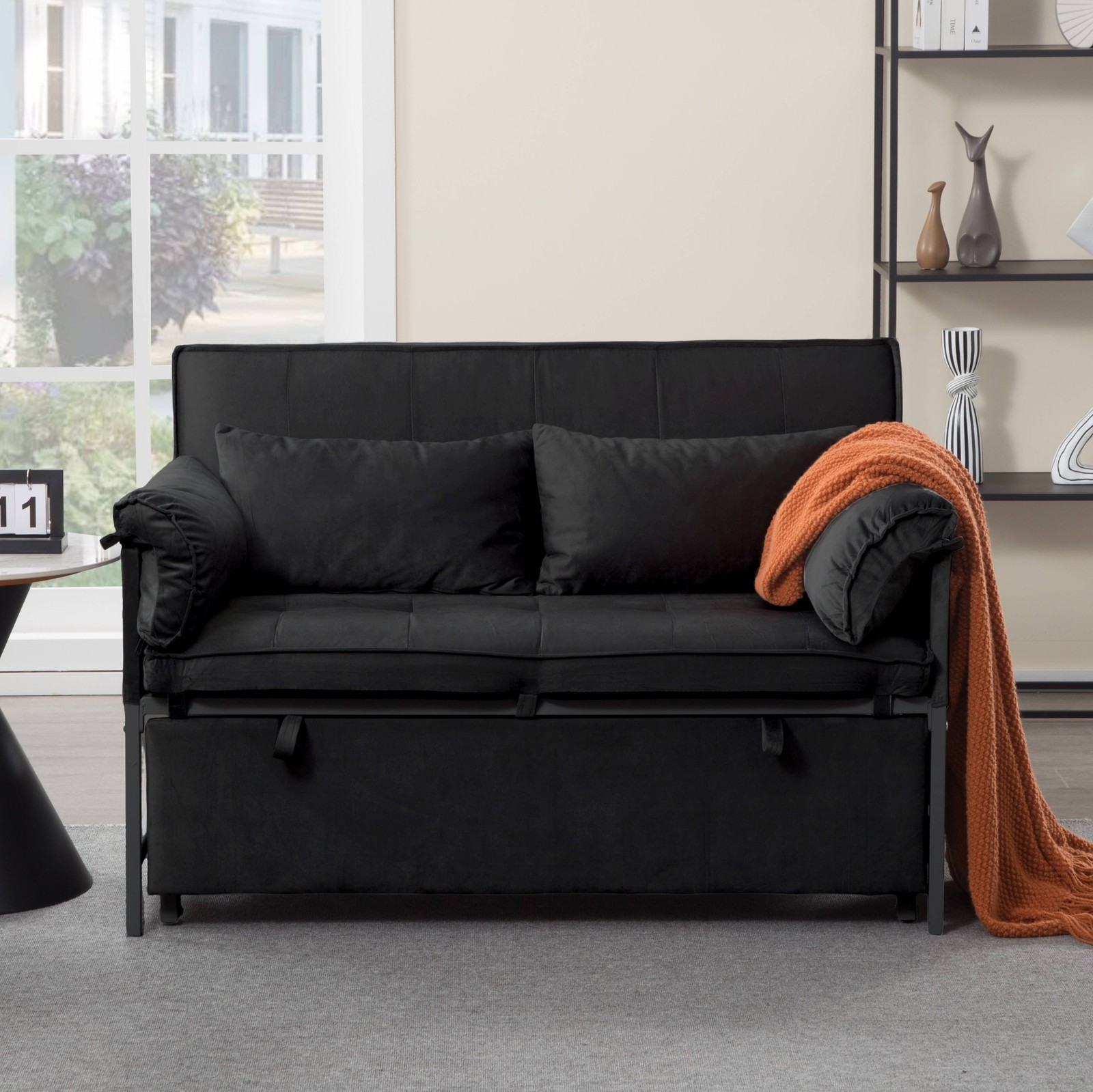 46" Velvet Sleeper Sofa Bed Twin Size Pull-Out Reclining Back 5 Angle Recline
