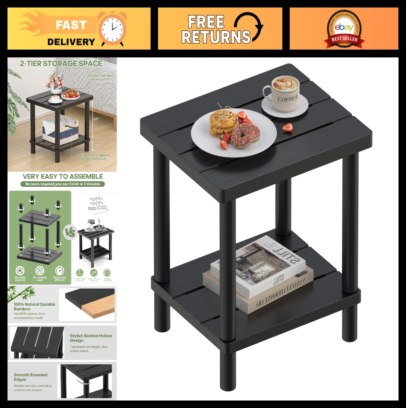2-Tier Bamboo Outdoor Side Table - Weather Resistant, Easy Assembly, Patio, Pool