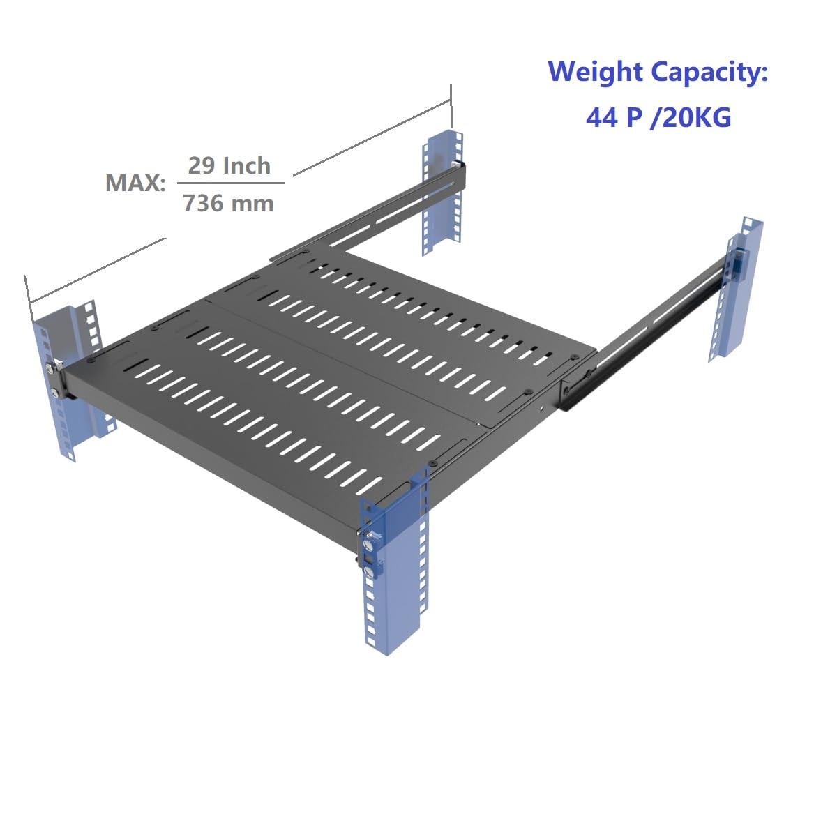 1U Vented 4-Post Adjustable Server Shelf- Universal Tray 16.5-29" Adjustable