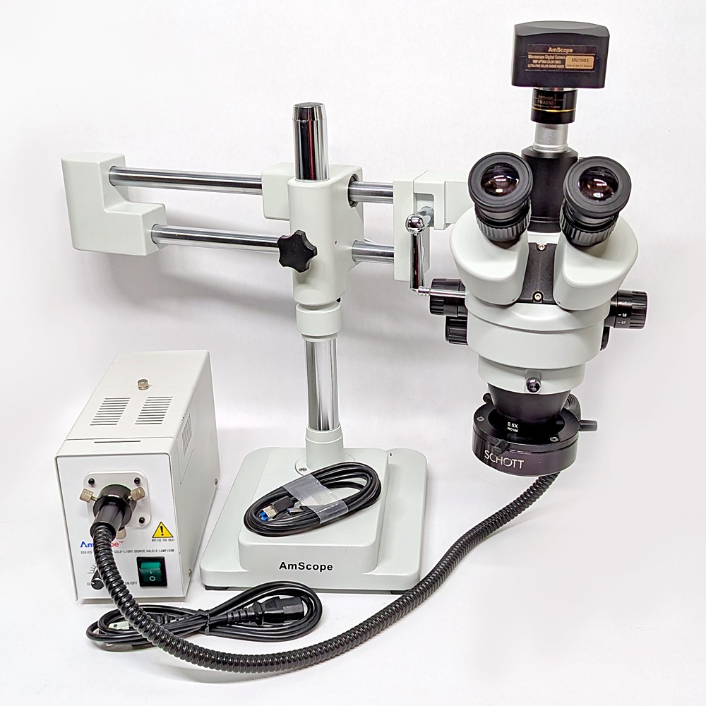 AmScope SM Trinocular Stereo Zoom Microscope 10MP Camera/Fiber Light/Boom Stand
