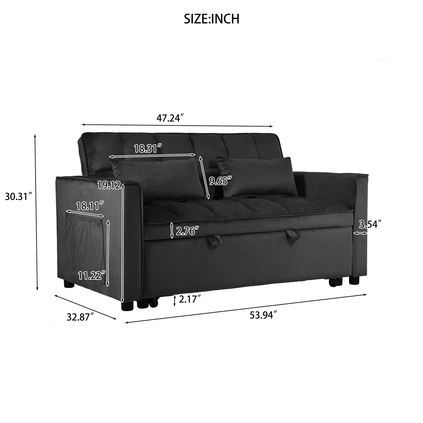 Soft Velvet High Density Foam Sofa Bed Pull Out Couch Bed Metal Frame Wood Legs