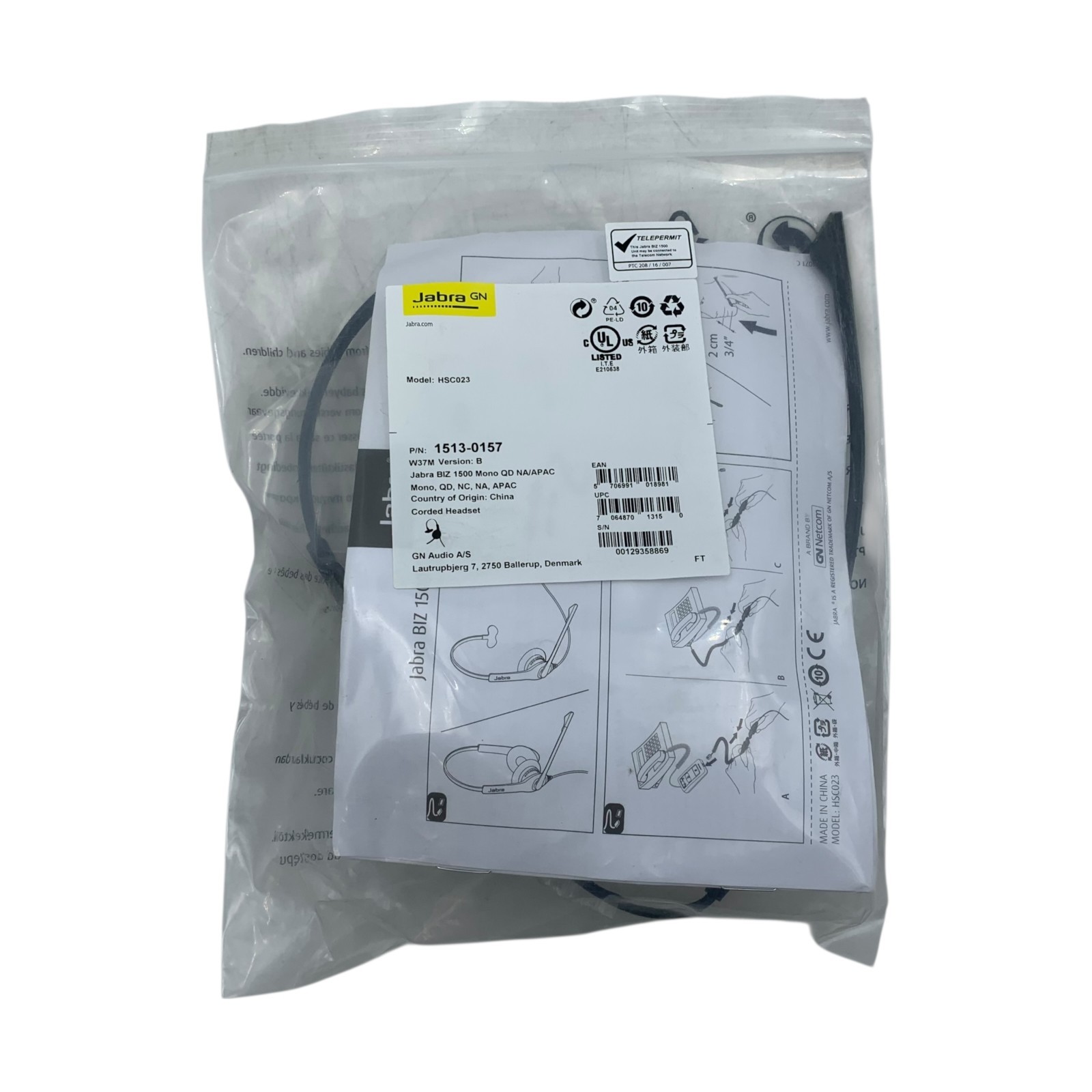 Jabra Biz 1500 Mono QD Wired Headset HSC023 P/N 1513-0157