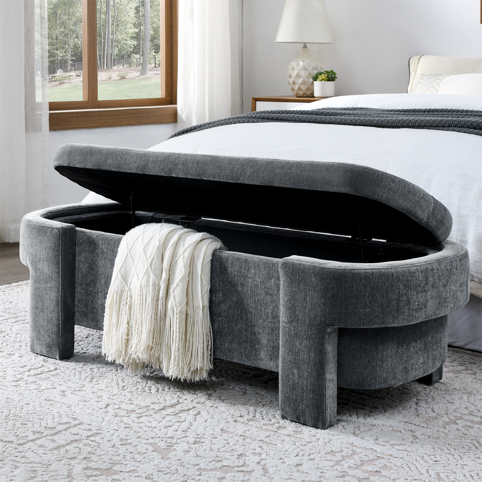 Linen Fabric Upholstered Bench Chair with Large Storage Space Bedroom Entryway