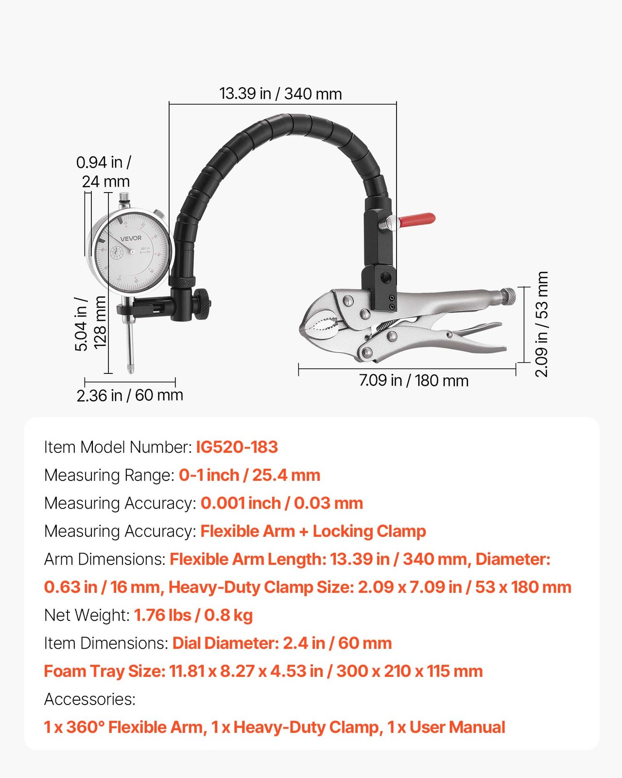 VEVOR Dial Test Indicator Flexible Arm Locking Pliers 0.001in Accuracy 0-1 Range