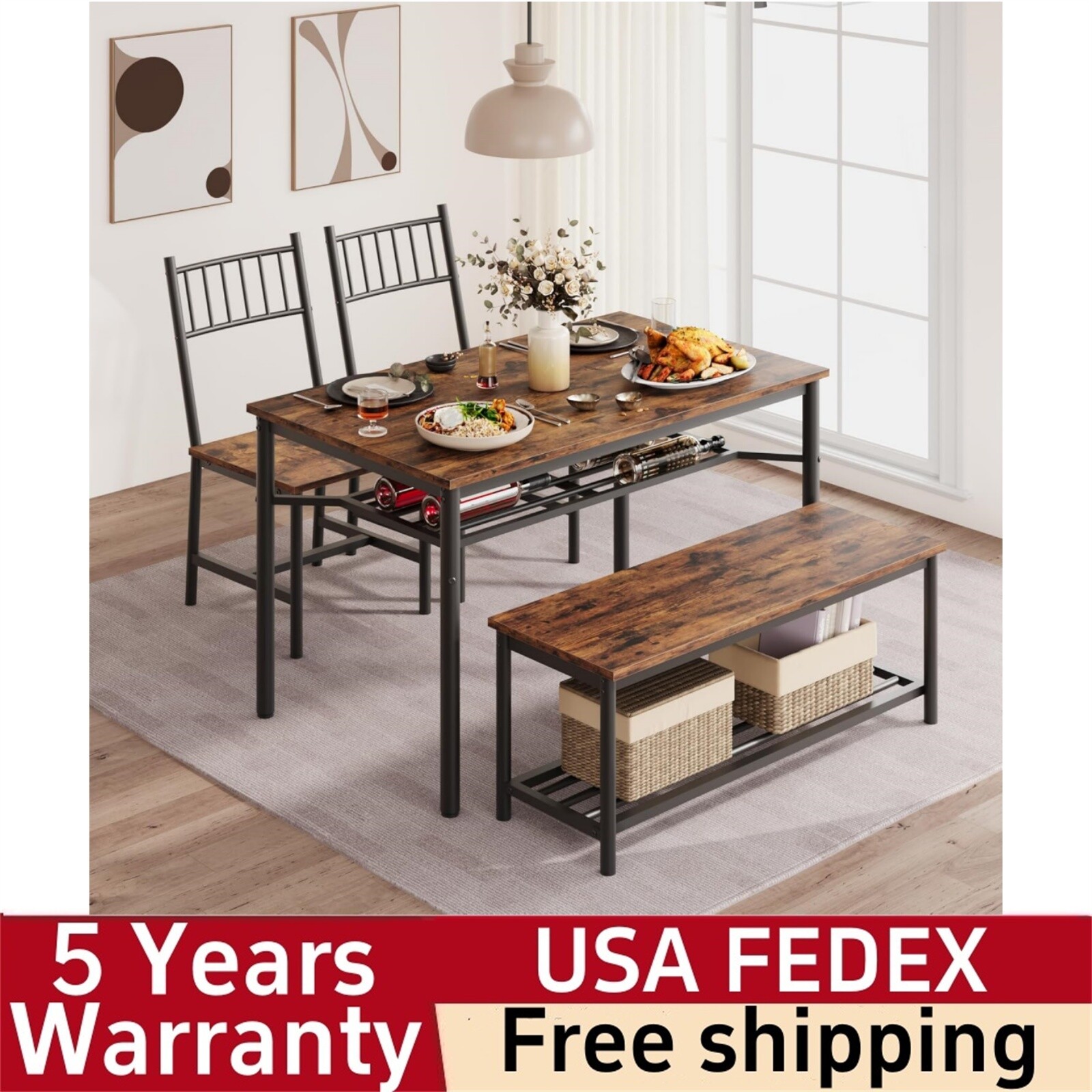 Dining Table Set for 4 Kitchen Table and 2 Chairs with Storage Bench 47.2"