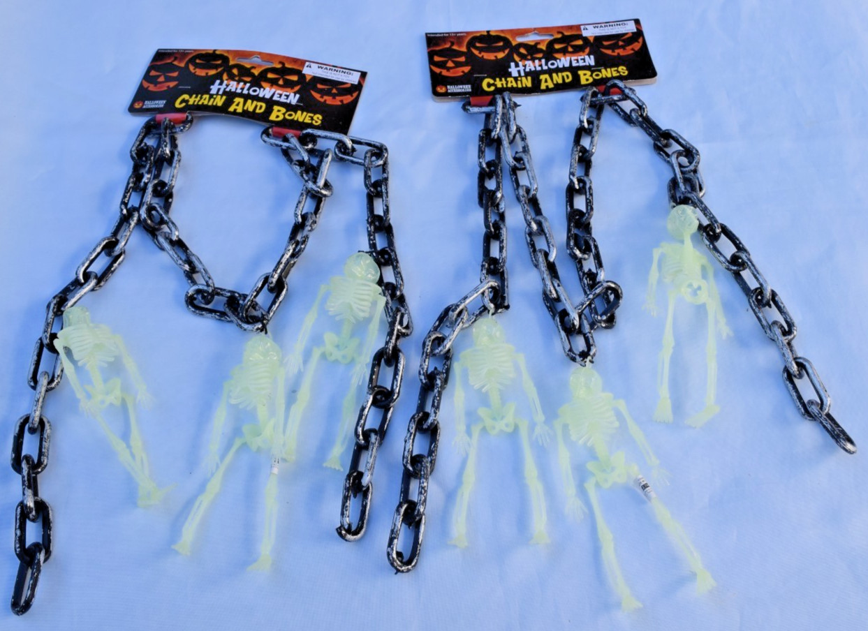 Lot of 2 Chain Link & Skeleton Bones Glow Halloween Decorations