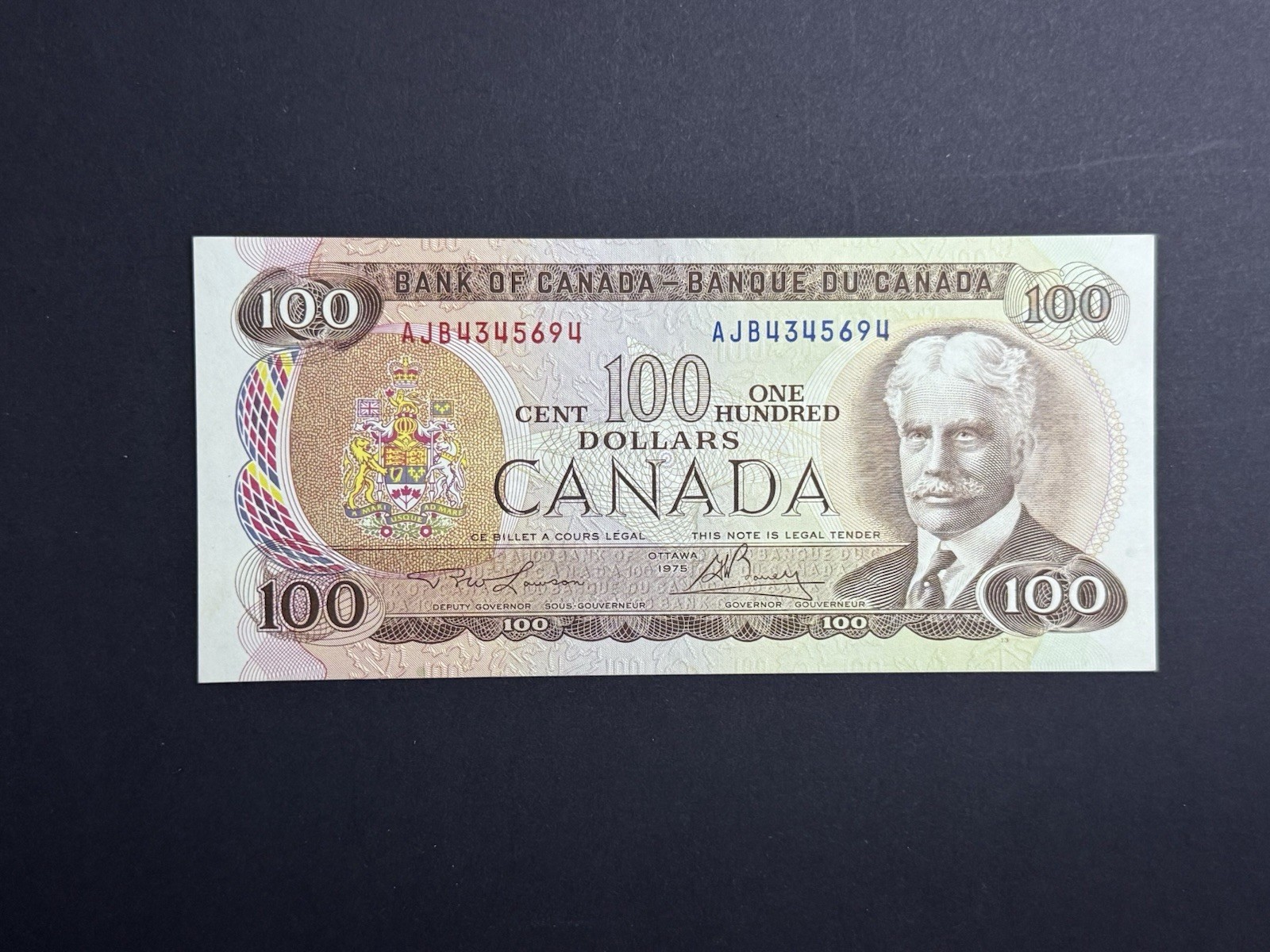 Canada 1975 $100 Note About Uncirculated Lawson Bouey BC-52