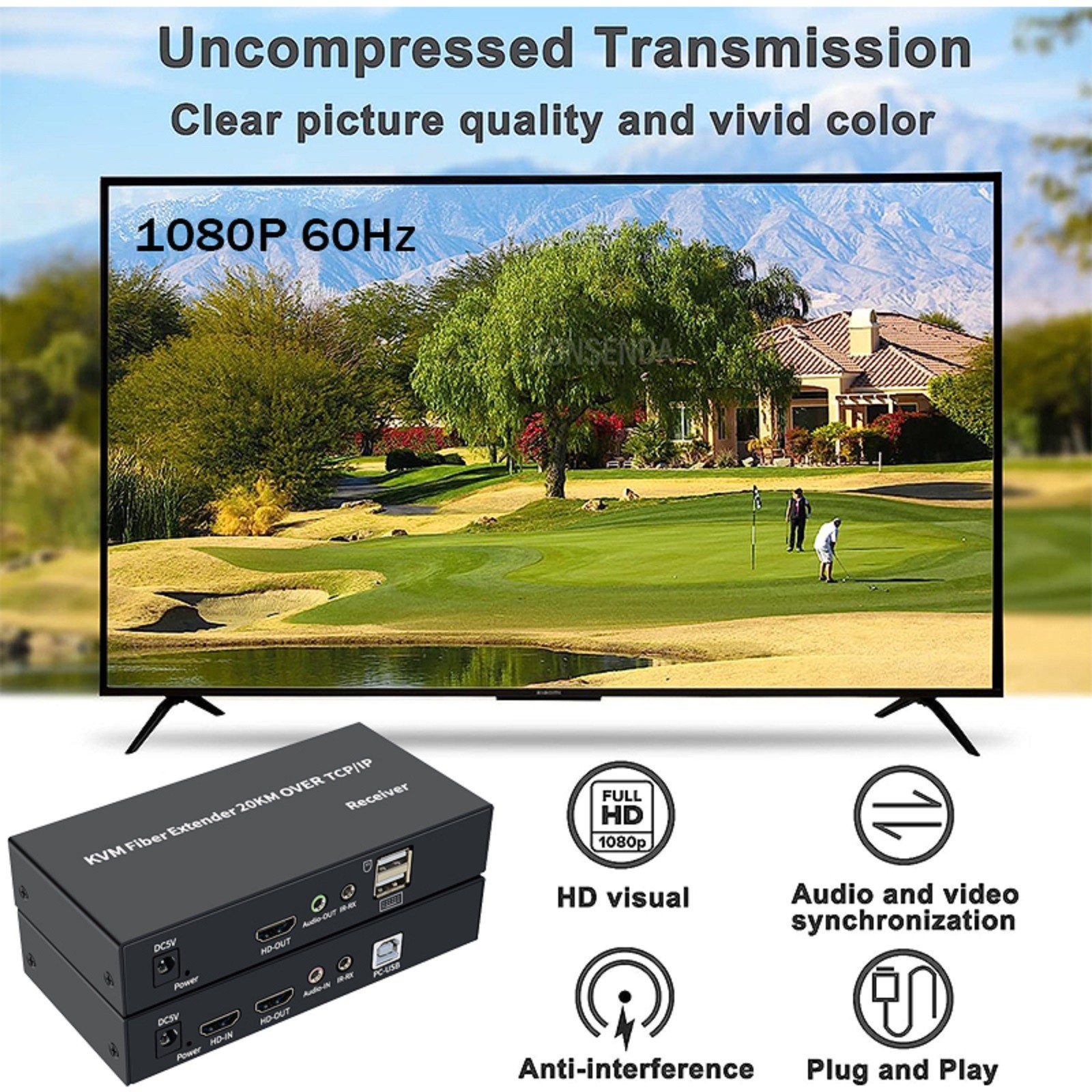 Single Mode HDMI KVM Extender to Fiber Transceiver Support USB Mouse Keyboard