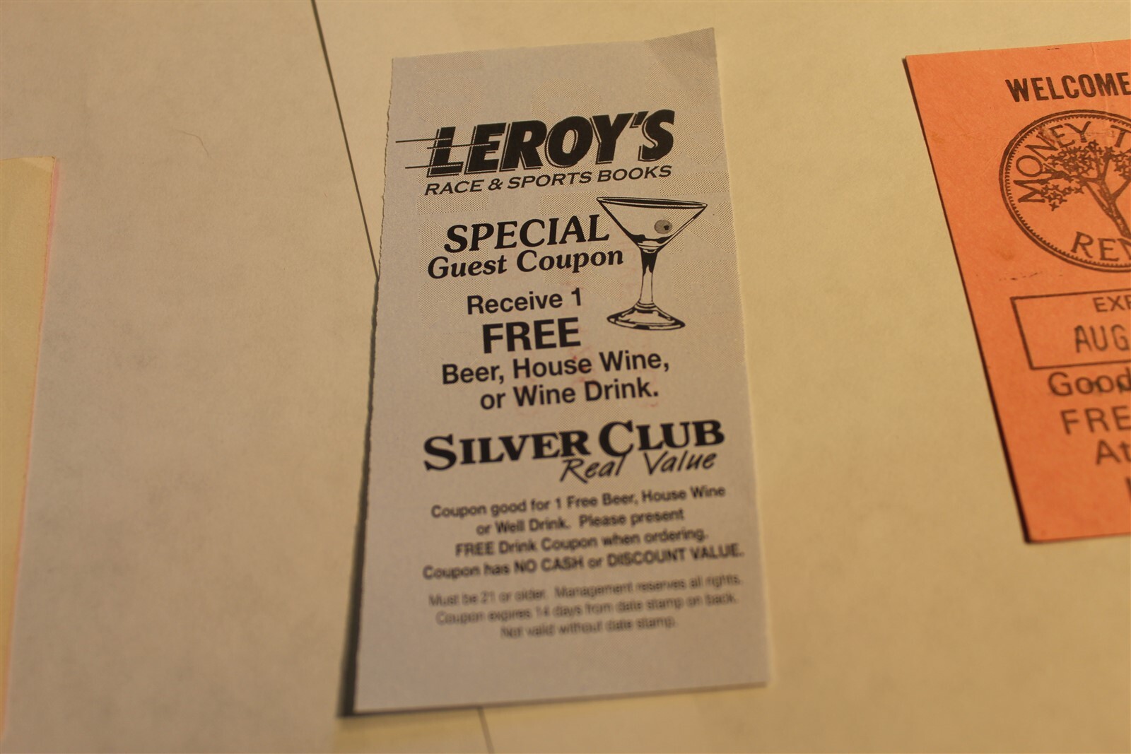 LEROY'S RACE & SPORTS BOOKS 2009 GOOD FOR ONE FREE DRINK COUPON LAS VEGAS NEVADA