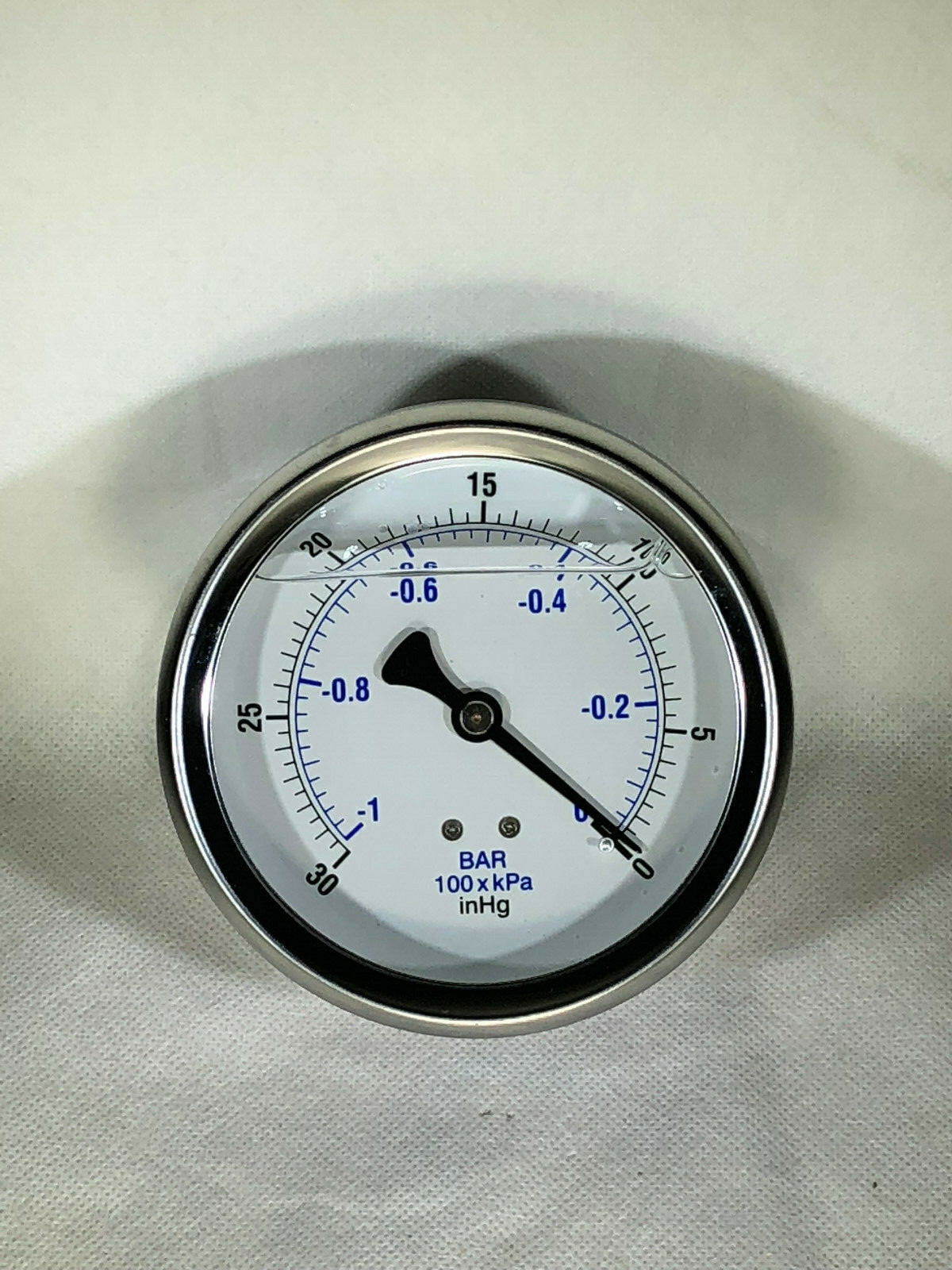 LIQUID FILLED VACUUM GAUGE -30-0 PSI, 4" FACE, 1/4" BACK MOUNT