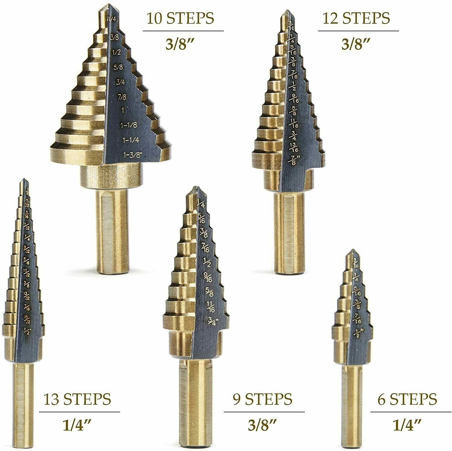 HSS 6PCS Titanium Step Drill Bit Set W Automatic Center Punch High Speed Steels
