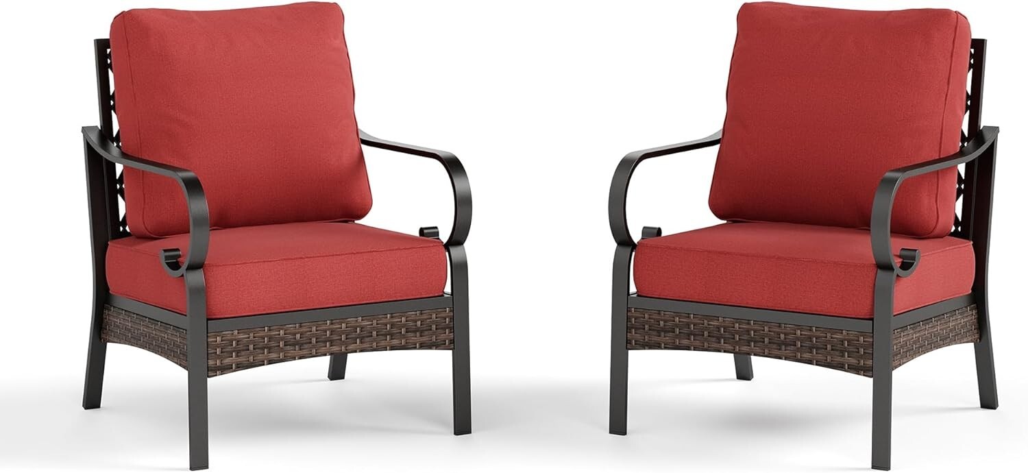 Patio Chairs Set of 2 Outdoor Rattan Metal Chairs with Extra Thick Cushion Red