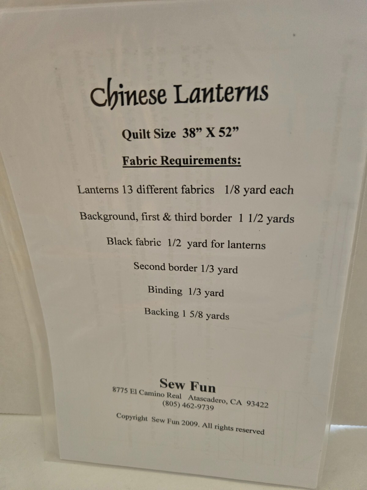 Chinese Lanterns Quilt Pattern by Sew Fun Approx 38"X52" NIP