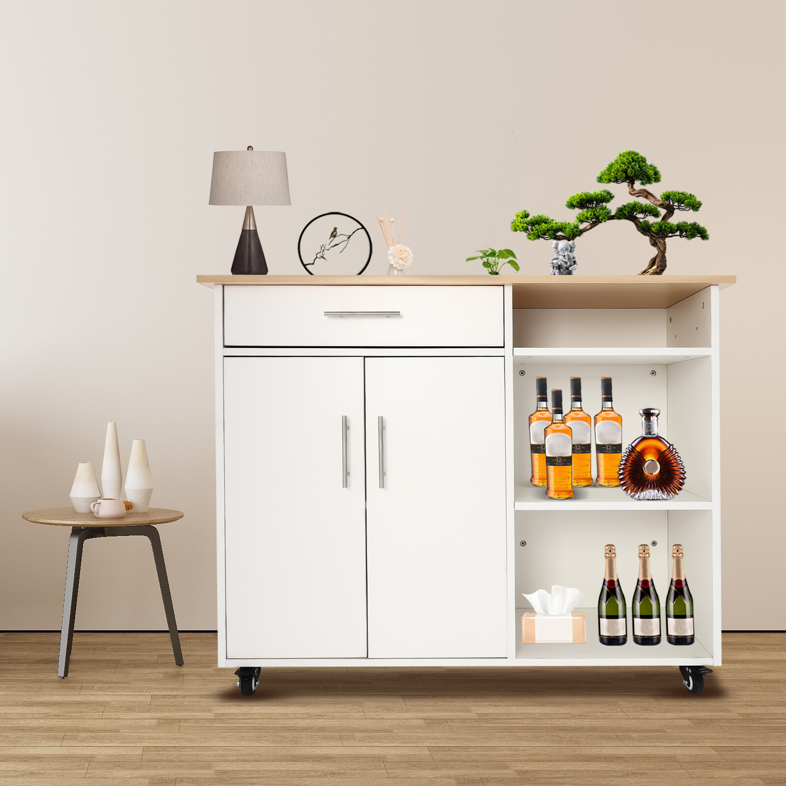 Island Side Table Kitchen Cart Rolling Kitchen Free Standing Trolley w/Drawer