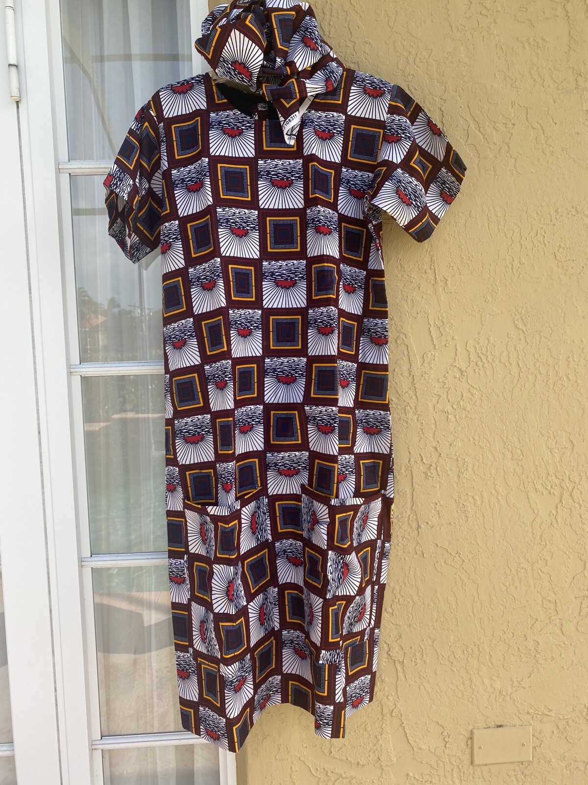 NIGERIAN AFRICAN WAX ANKARA DRESS AND A HEAD TIE (ETHNIC CLOTHING AFRICA -LARGE