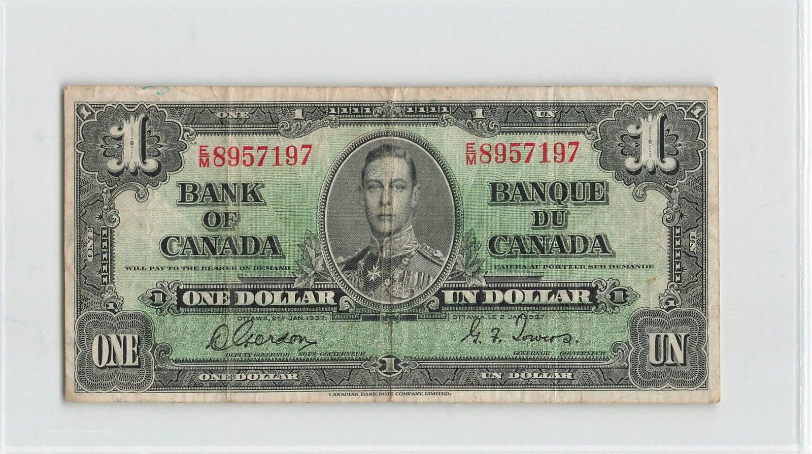 CANADA 1 Dollar 1937, BC-21c Gordon Towers, E/M 8957197, KGVI.               C1