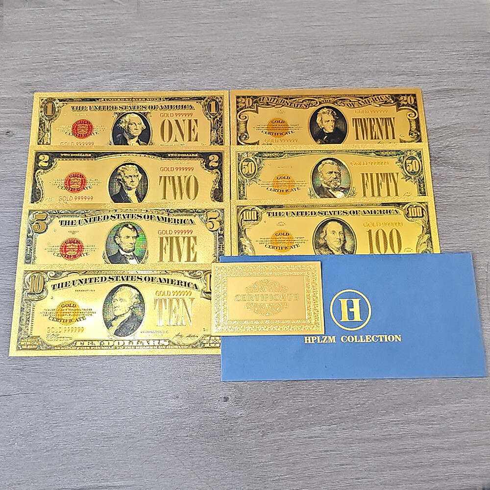 US 1 2 5 10 20 50 100 Dollars Gold Foil Plastic Banknotes 7pcs/set in Envelope
