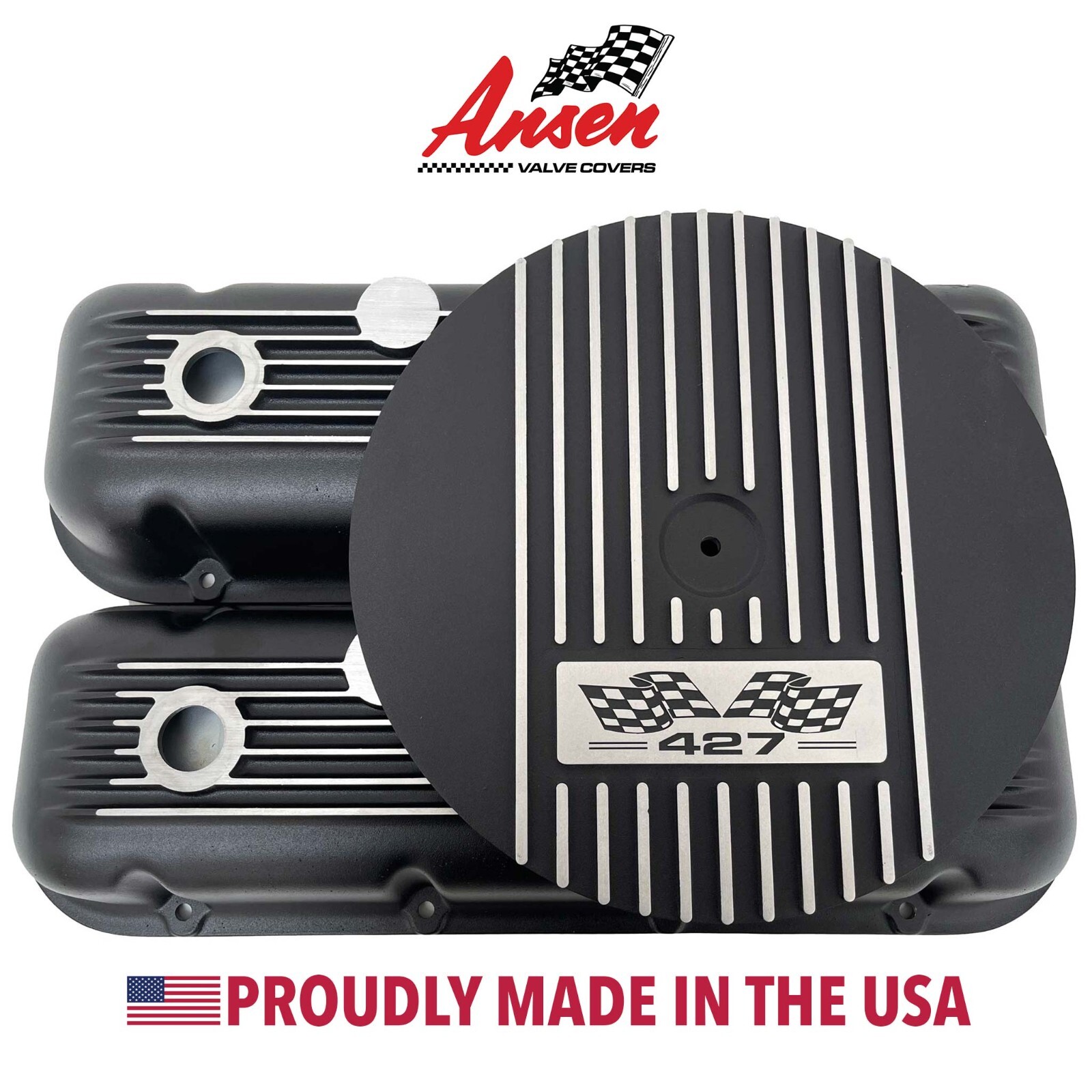 Big Block Chevy 427 Flag Logo - 14" Round Air Cleaner Kit - Black - Ansen USA