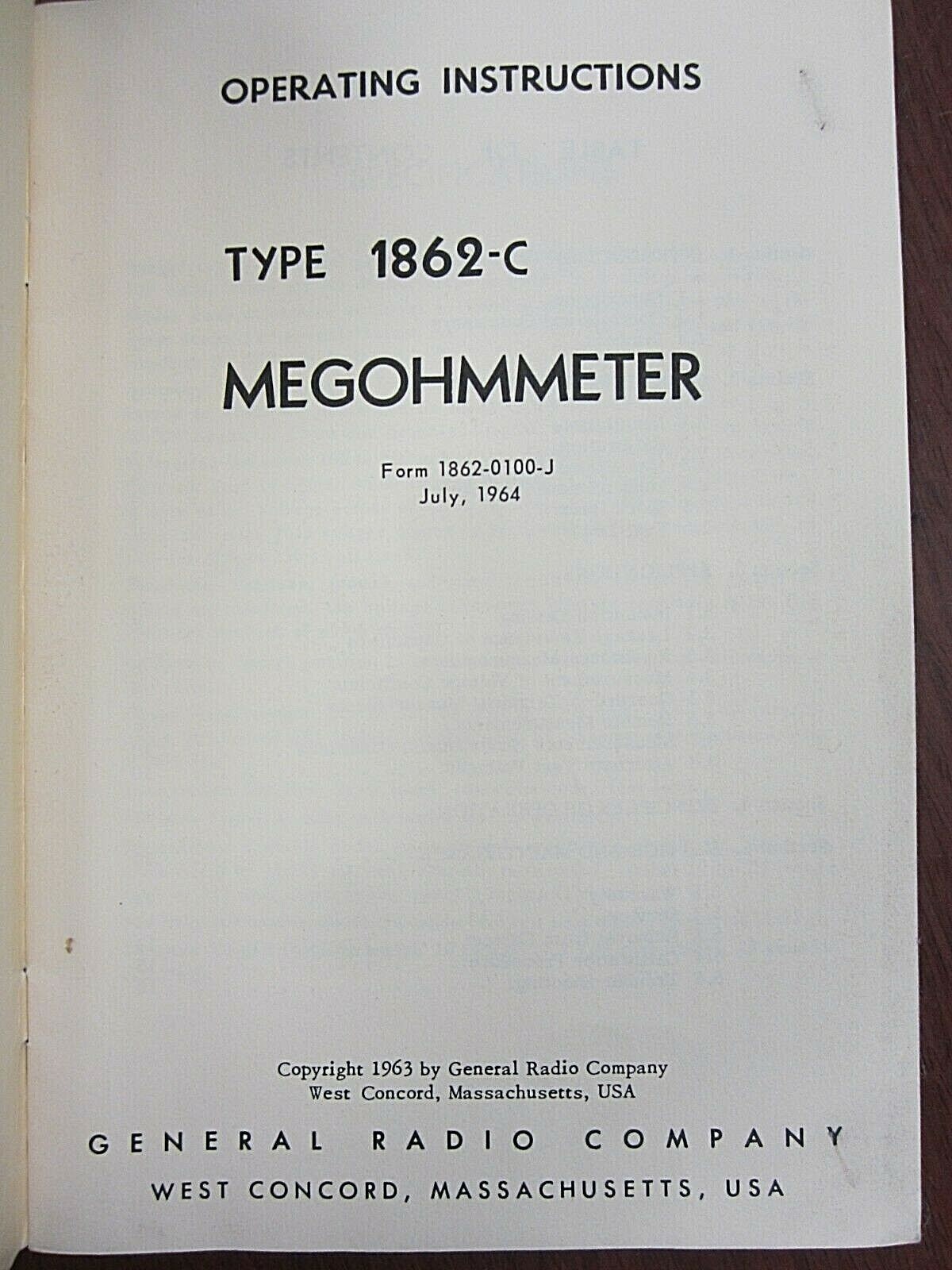 GR Type 1862-CS3 Megohmmeter Operating Instructions