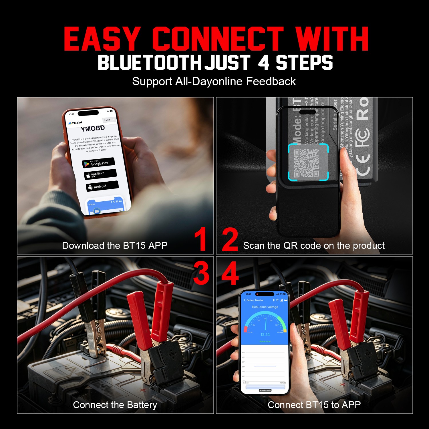 Bluetooth Battery Tester 12/24V Car Battery Analyzer Cranking Charging Test Tool