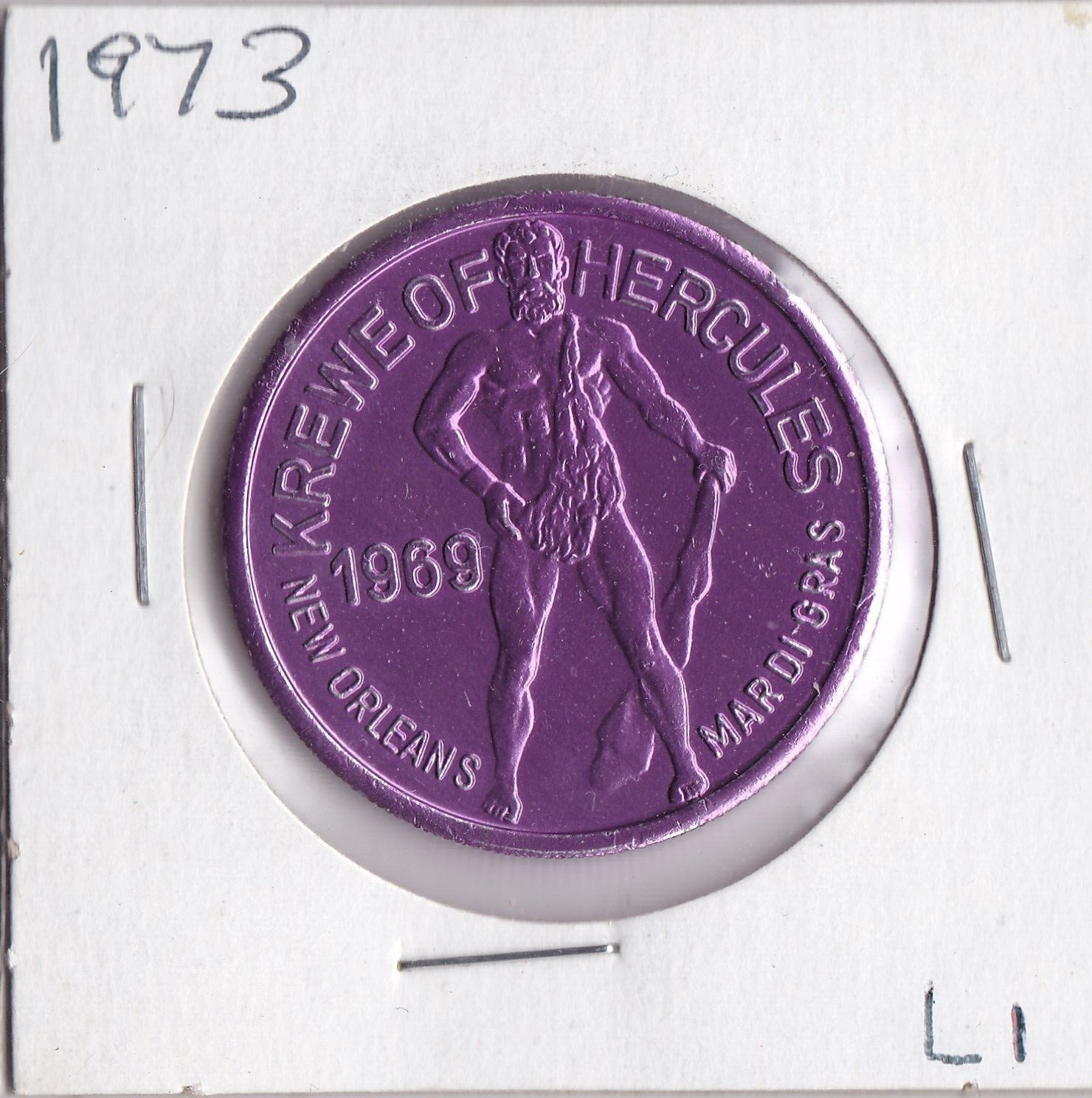 1973 KREWE OF HERCULES New Orleans Mardi Gras Aluminum DOUBLOON (Purple L1)