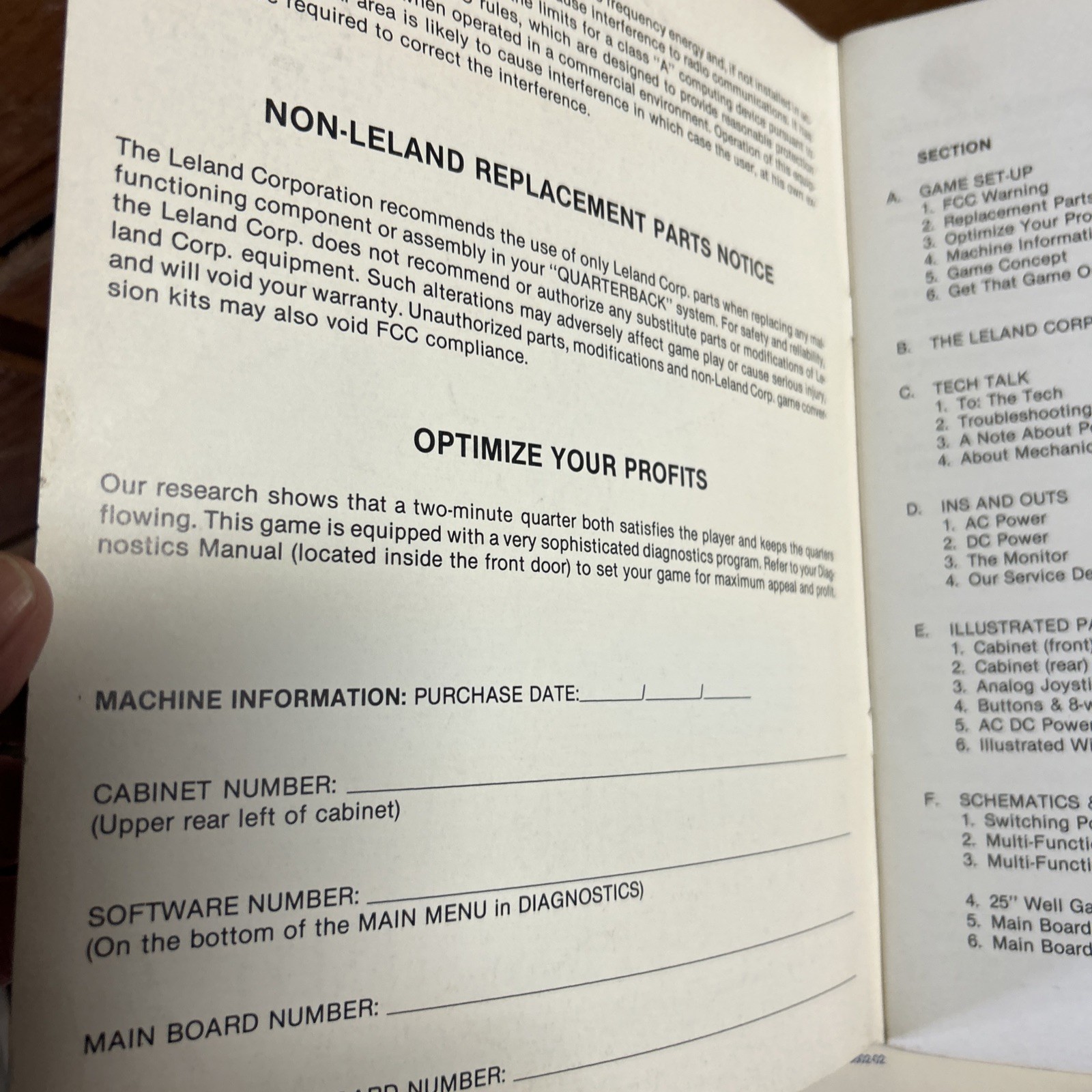Original quarterback leland Set With Schematics arcade video game manual