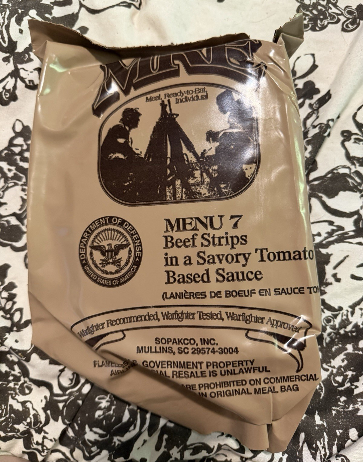 MRE Meal Ready to Eat Menu 7 Entree Pouch Beef Strips in Savory Tomato Sauce