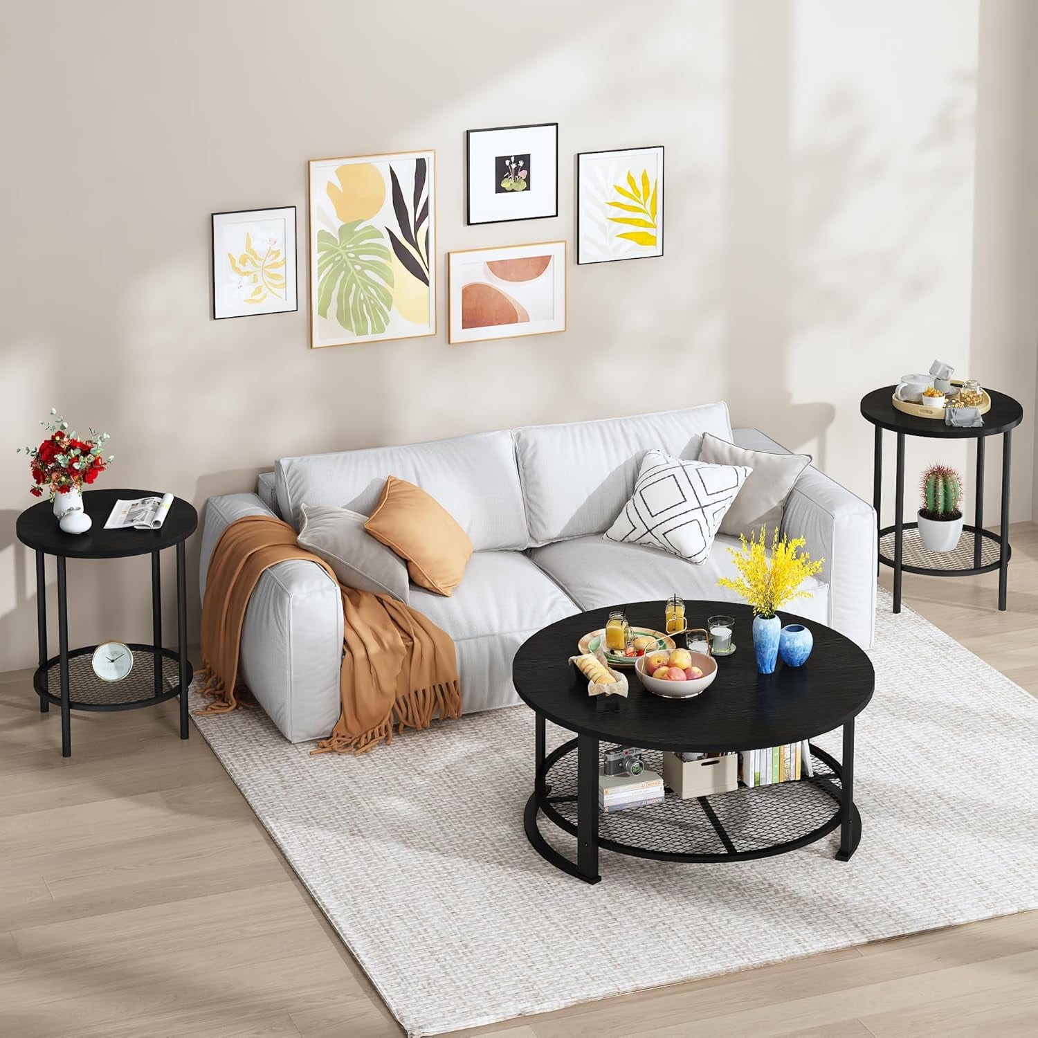 LinkRomat 3-Piece Coffee Table Set with Storage, Round Coffee Table & 2 Matching