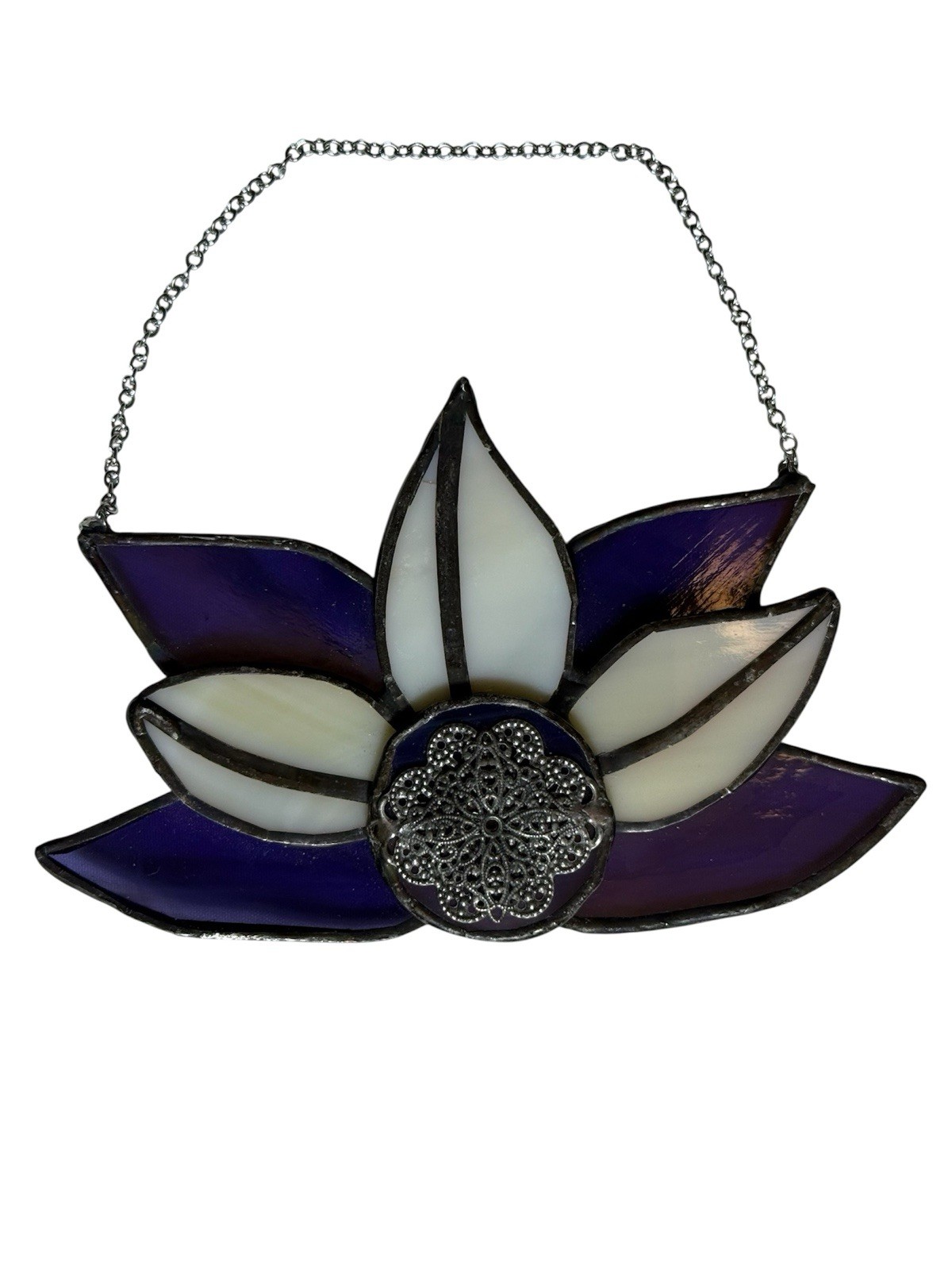 Purple & White Stained Glass Lotus Suncatcher