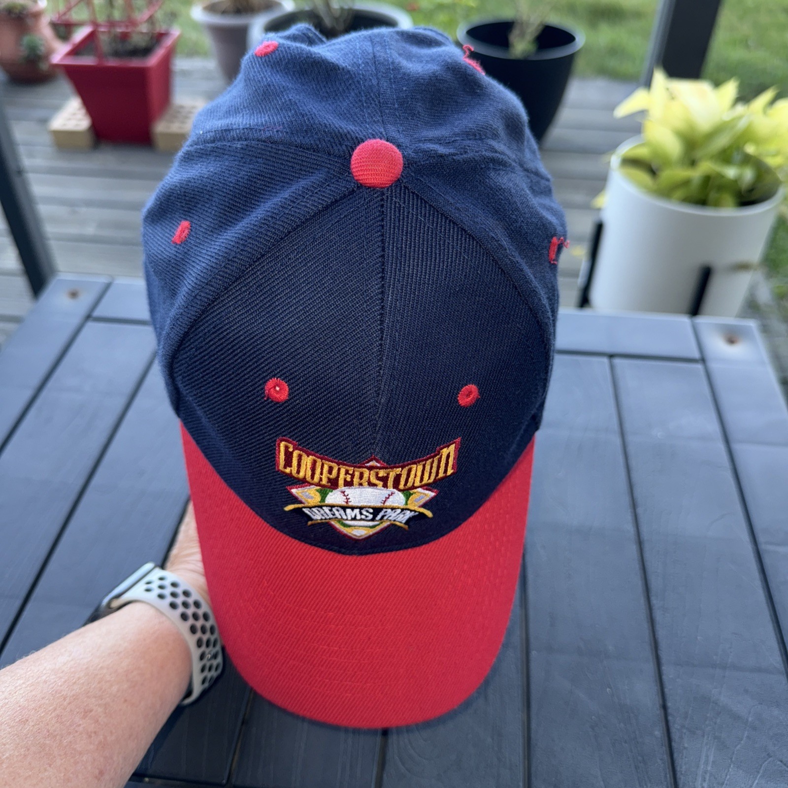 Cooperstown Dreams Park RWB Hat Cap Navy w Red Bill Snapback 20% Wool EUC