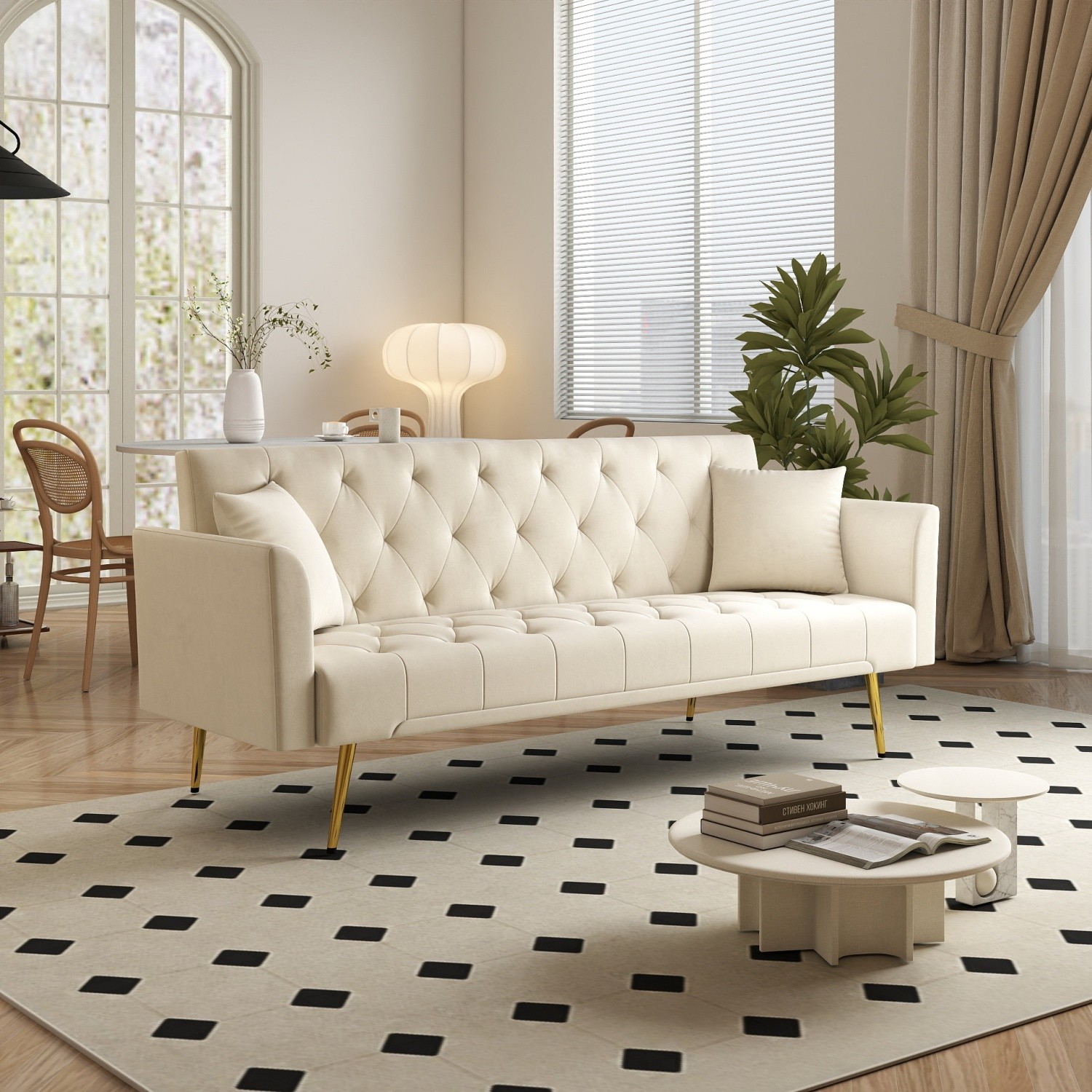 Modern Convertible Foldable Sleeper Sofa Velvet Loveseat Sofa Bed w/ Metal Leg