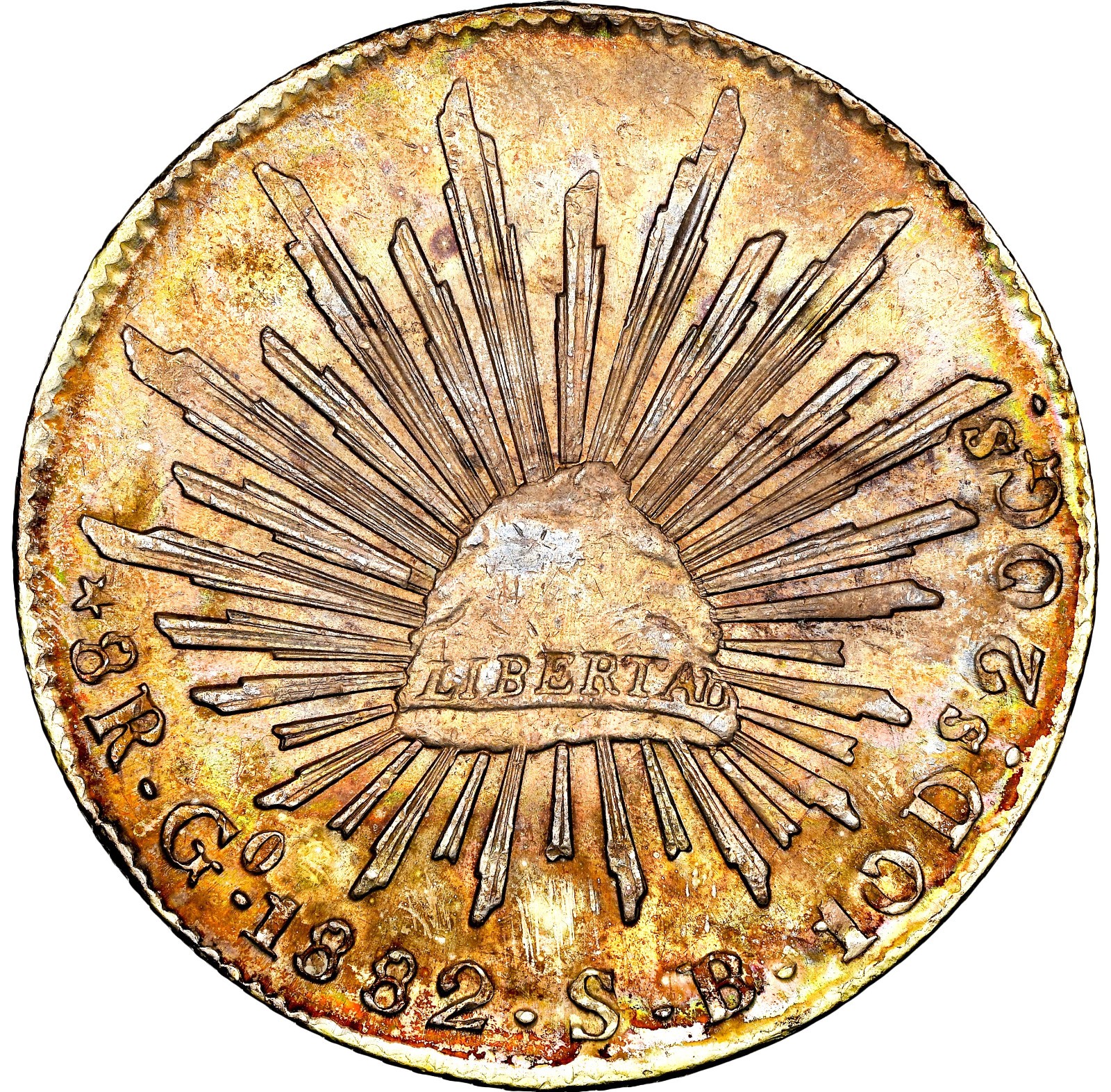 Mexico 8 Reales 1882-Go SB Guanajuato Mint. NGC AU-58! Lustrous Attractive Piece