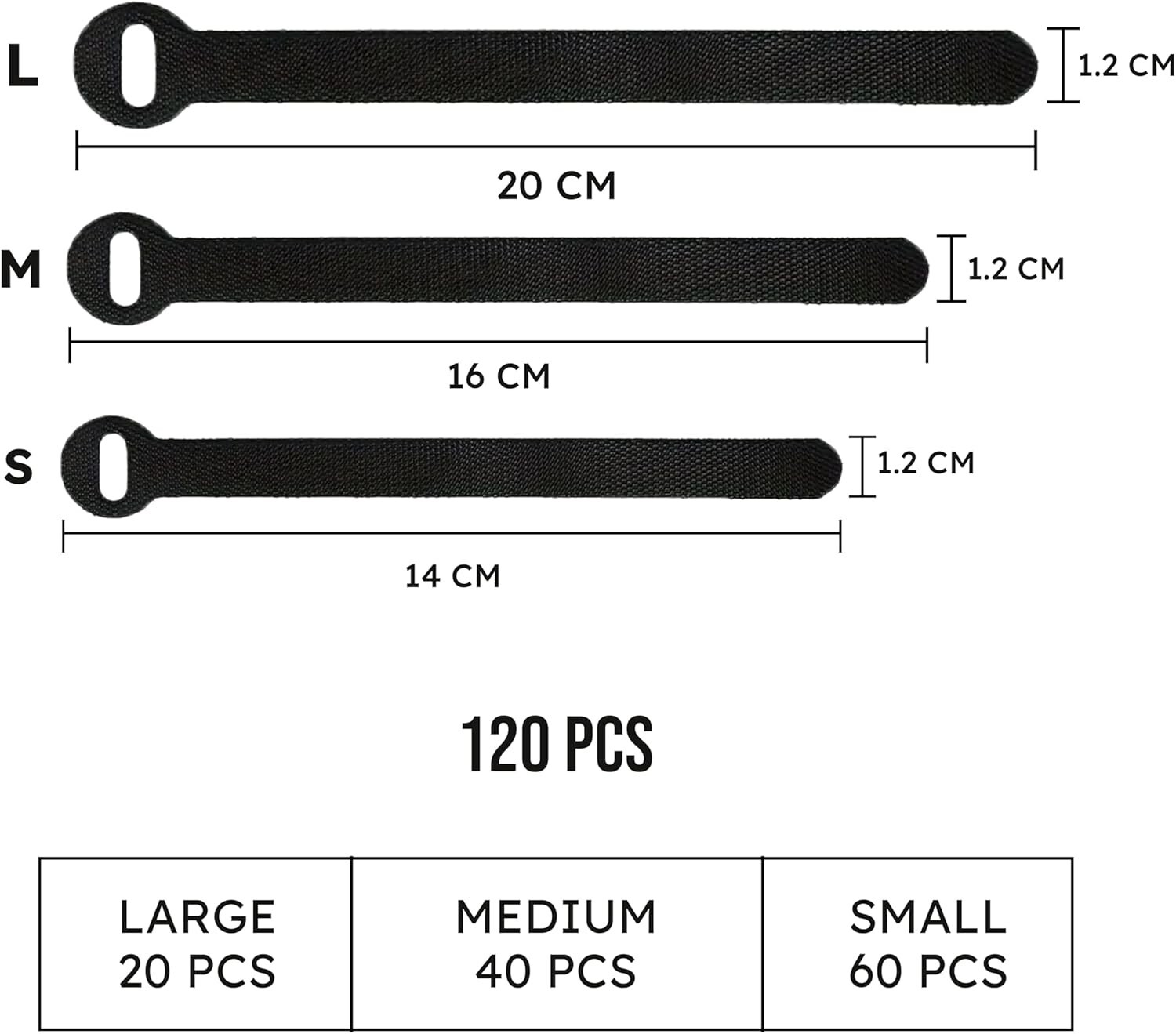 120 PCS Reusable Nylon Cable Ties - 5, 6, & 8 Inch Adjustable Cord Organizers