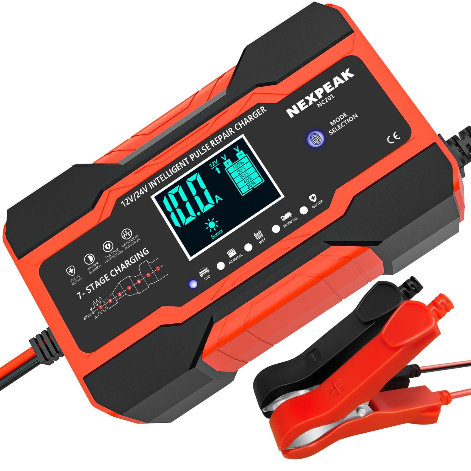 NEXPEAK NC201 10-Amp Battery Charger, Smart Trickle Charger 12V Large, Red