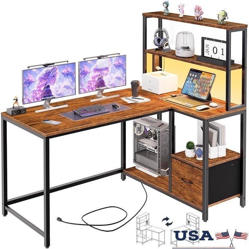 L Shaped Desk W/ Storage Shelves LED Light & Charging Station Gaming Office New