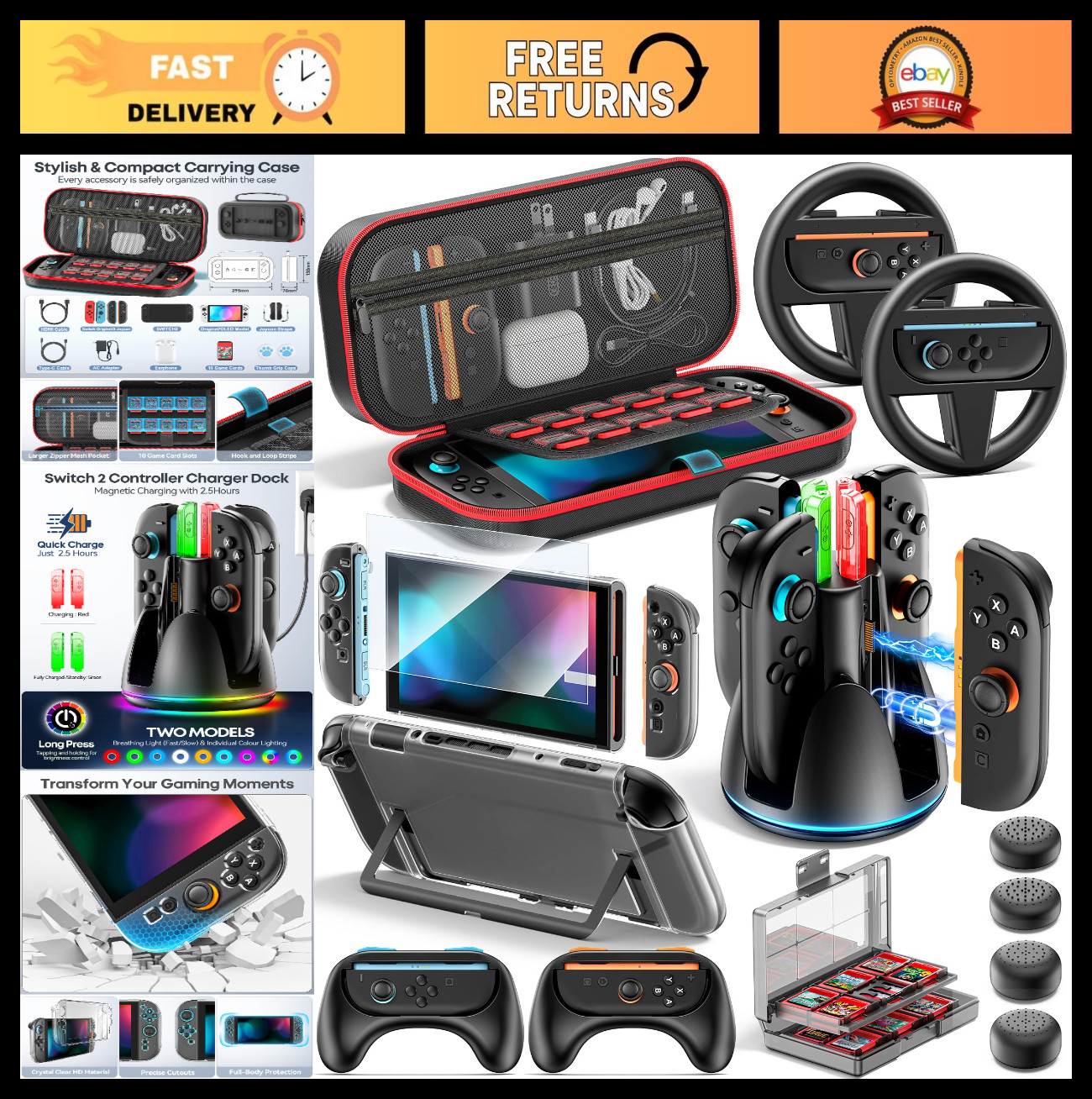 Nintendo Switch 2 Accessories Bundle - 16-in-1 Kit with Charging Station, Carryi