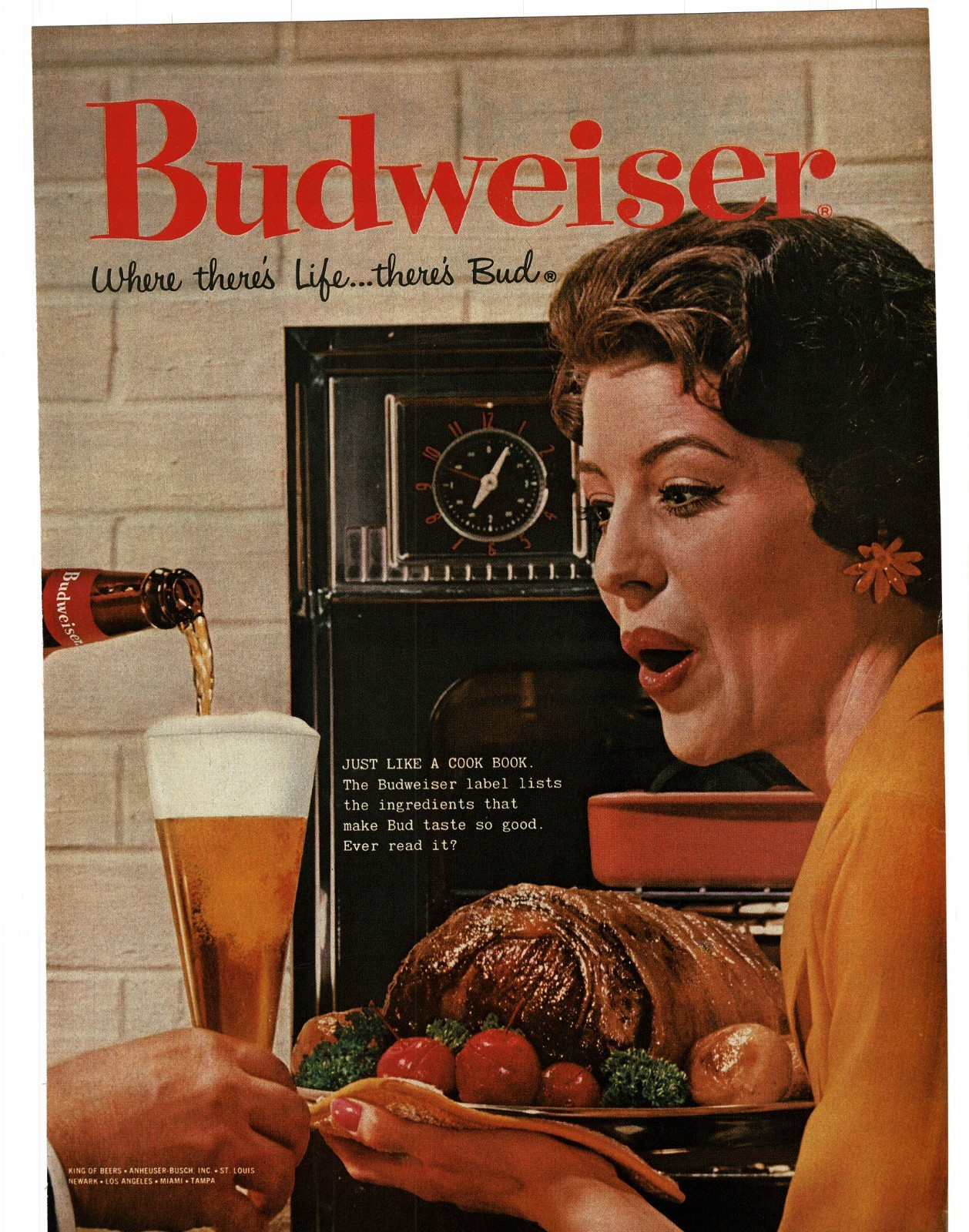 1959 Budweiser Beer husband pours a tall cold one for wife Vintage Print Ad