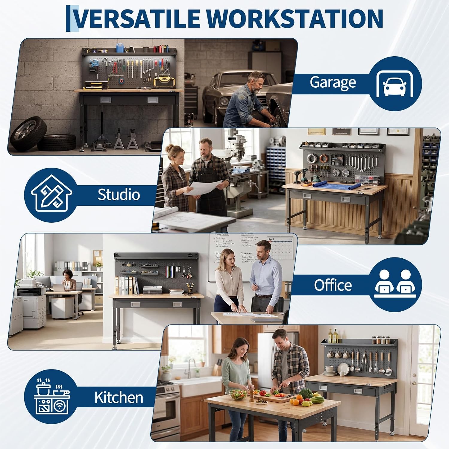 48"x 24"Workbench with Drawer,LED Light&Back Panel,6-Level Adjustable Height