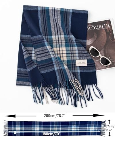 Long Plaid Scarf for Women Men Winter Fall Warm Tassels 71“*14.6" Blue Plaid