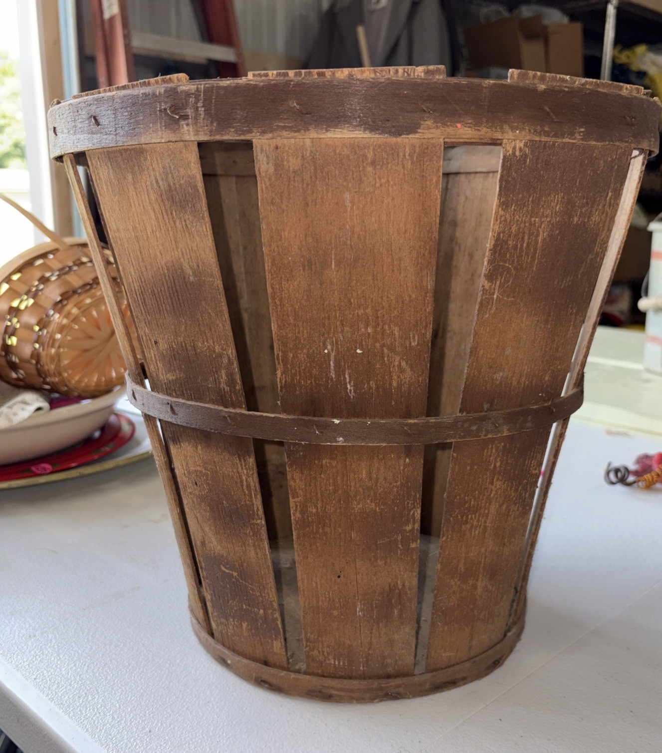VTG Farmhouse 12-1/2" H Bushel Wood Slat Orchard Basket 13-1/2" Diameter Fruit