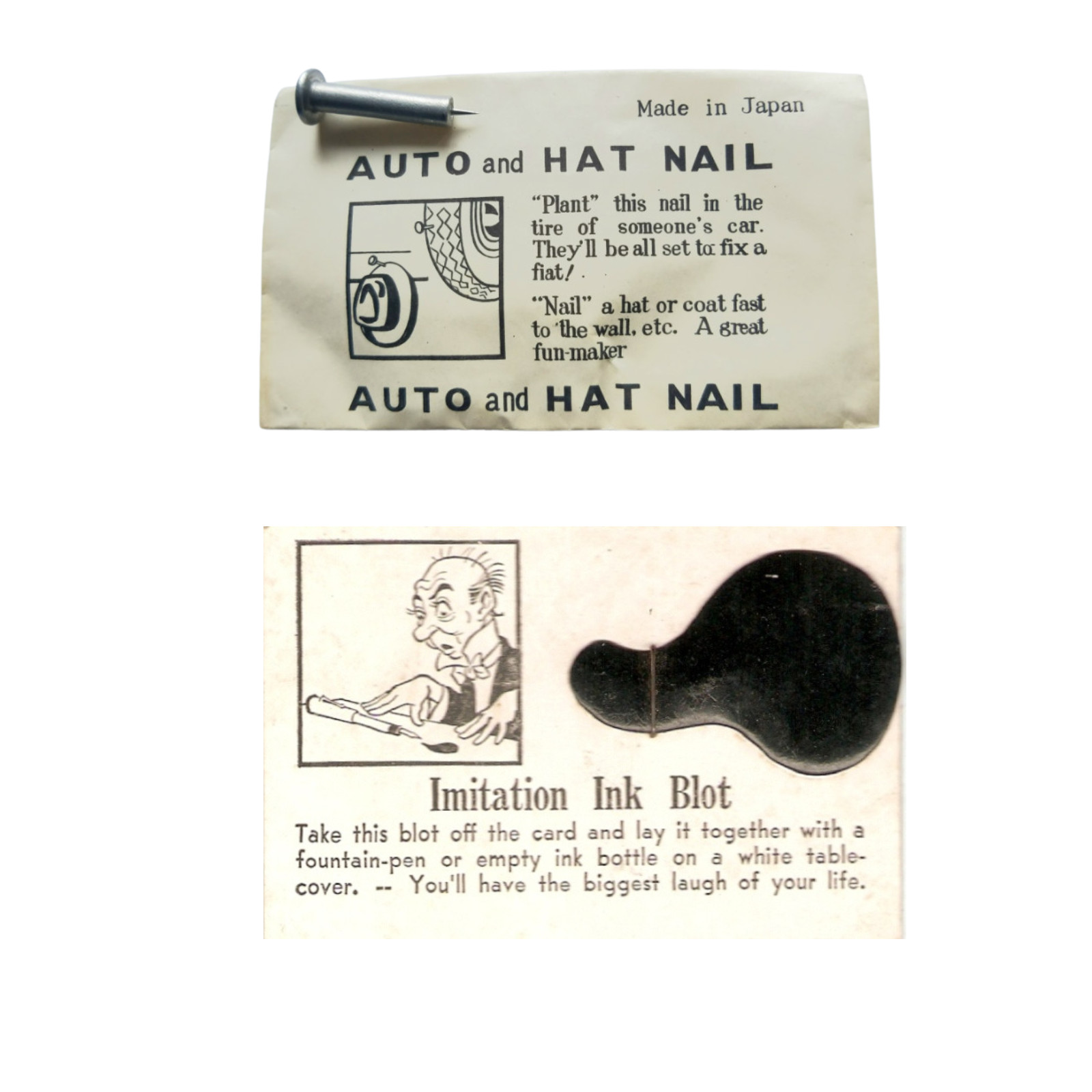 2 Vintage 1950s Gag Novelties Nail Trick Envelope & Spilled Ink Blot Japan NOS
