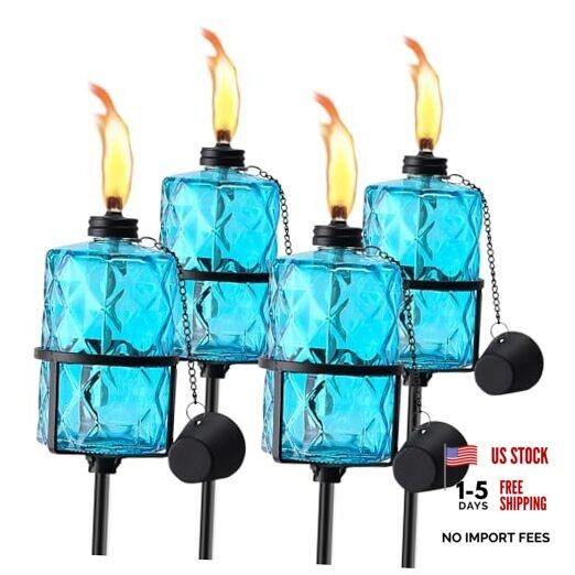 4 Pack Glass Garden Torch,60-Inch Outdoor Torch Garden Décor, Upgraded 12 Blue
