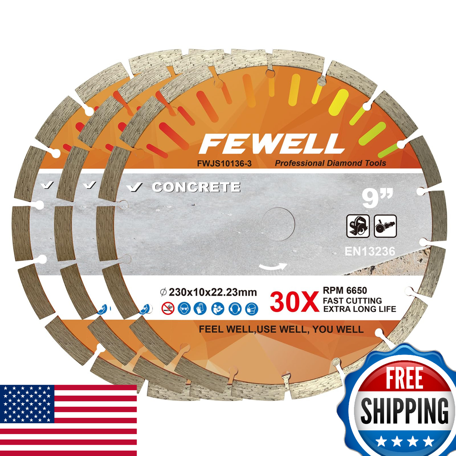 FEWELL 9 Inch Diamond Blade, Segmented General Purpose Blade Dry/Wet Cutting Con
