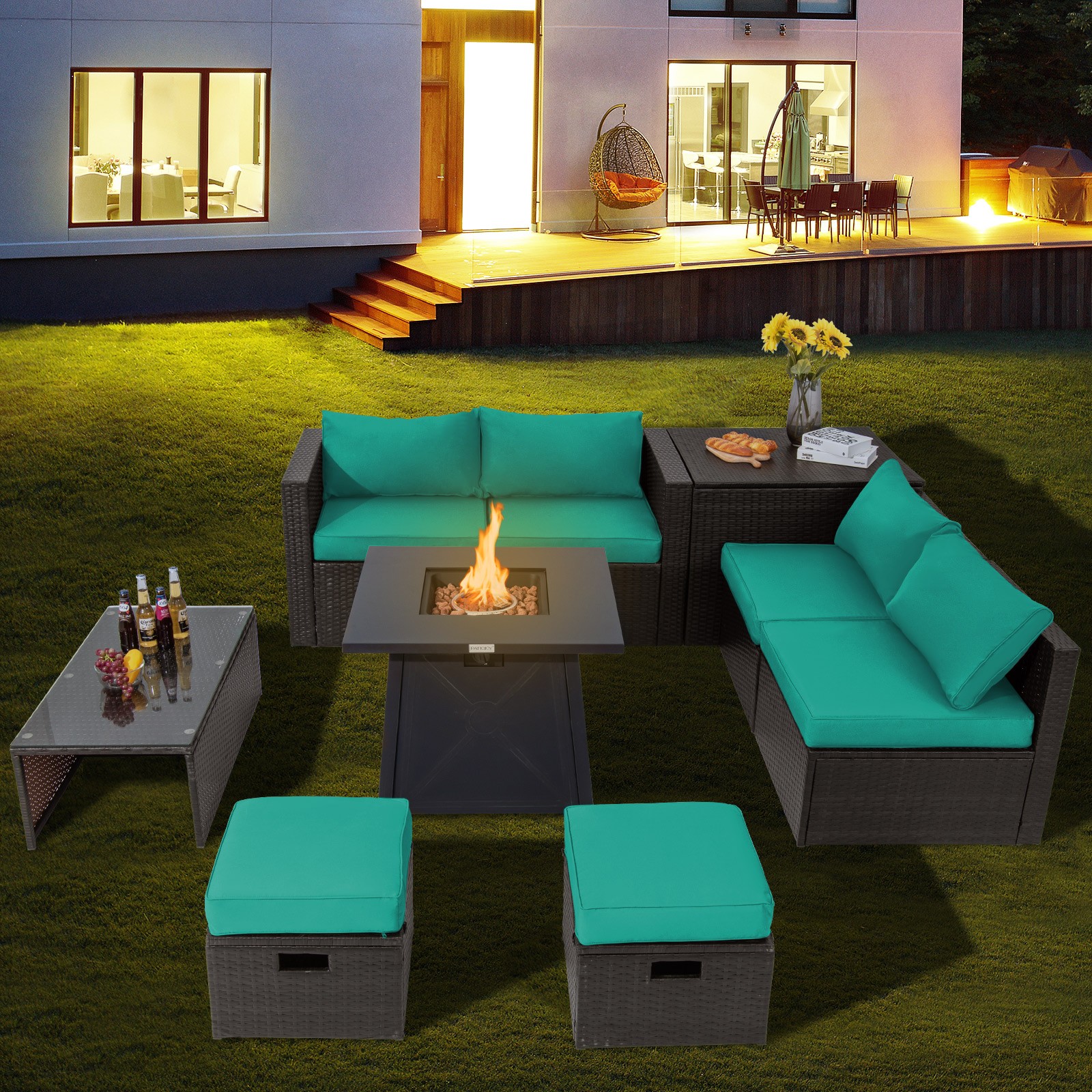 9PCS Patio Rattan Furniture Set Space Saving 30" Fire Pit Table Turquoise Cover