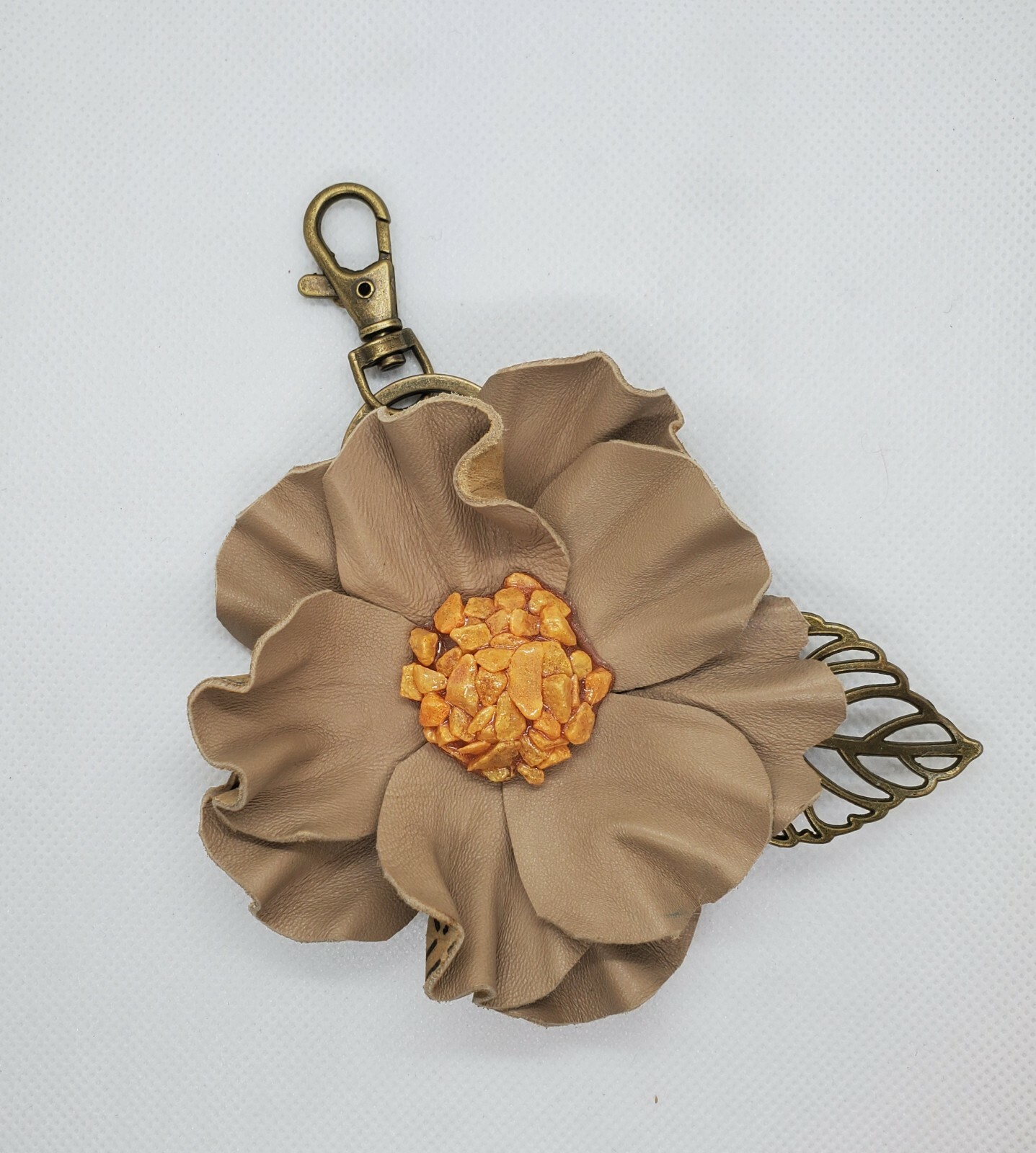 Handmade Leather Flower Key Chain Coral Natural Stones Gems Beige